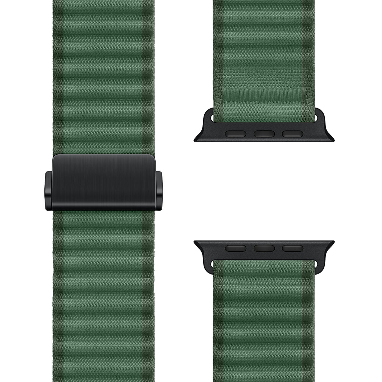 Das arktisband Apple Watch Nylonarmband „Venture“ besticht durch ein grünes, strukturiertes Wellen-Design mit schwarzem Metallverschluss und Verbindungsstücken, die aus verschiedenen Blickwinkeln auf Weiß präsentiert werden – ideal für Outdoor-Enthusiasten.