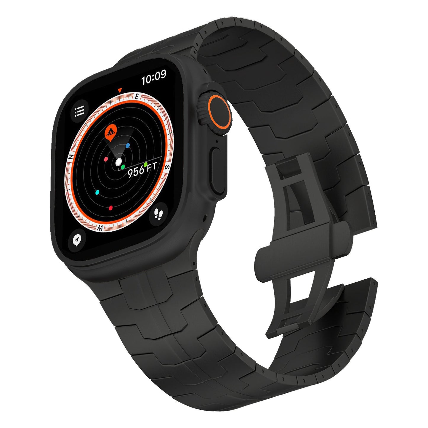 Das arktisband Apple Watch Ultra Armband TITANIUM F-15 von arktisband ist eine schwarz DLC-beschichtete Smartwatch mit strukturiertem Armband, die einen digitalen Kompass, die Uhrzeit 10:09 und eine Höhenanzeige von 956 Fuß anzeigt.