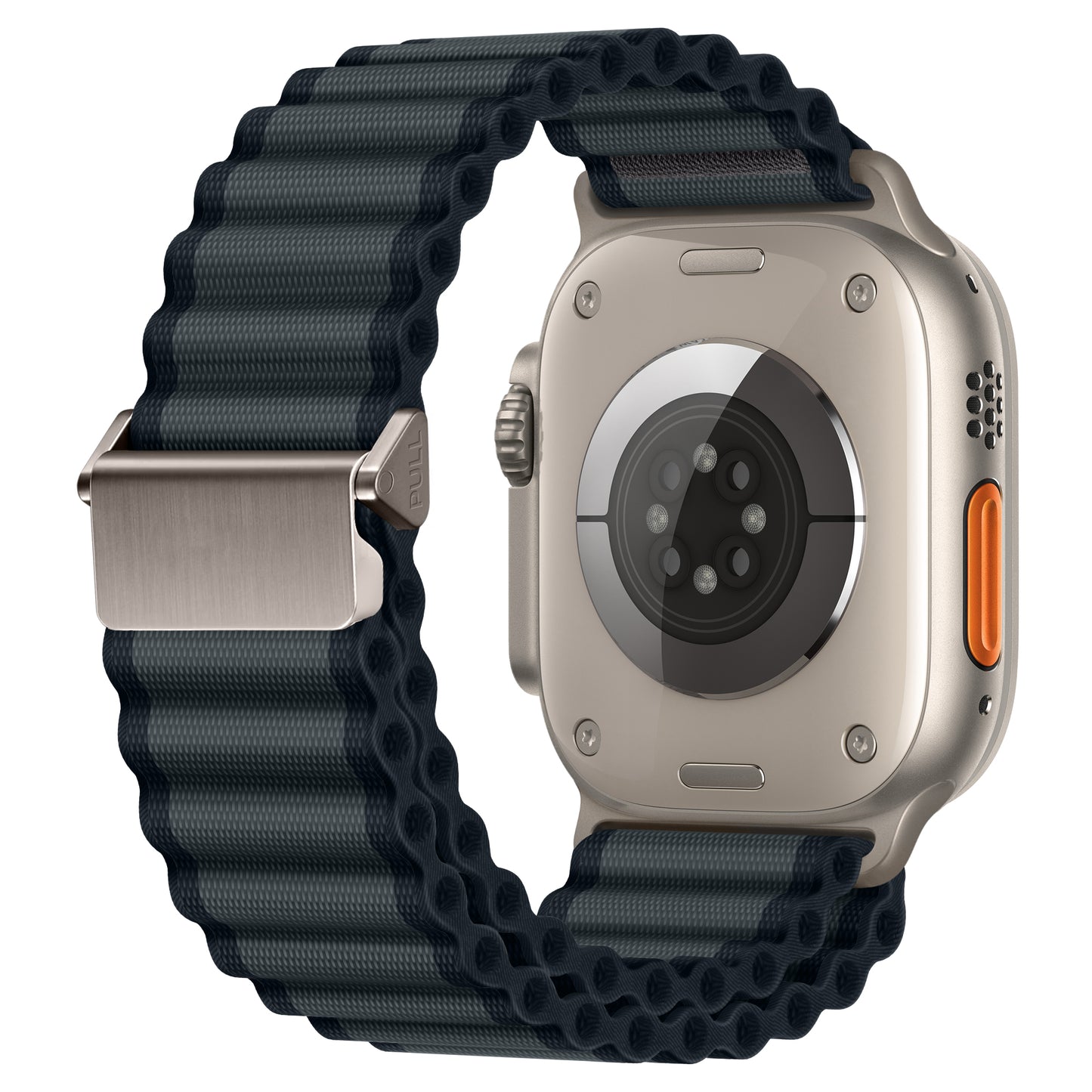 Rückansicht des arktisband Apple Watch Nylonarmband „Venture“ in Schwarz mit geripptem Wellen-Look-Design, metallischem Verschluss, sichtbaren Sensoren und orangefarbenem Knopf – perfekt für jedes Abenteuer.