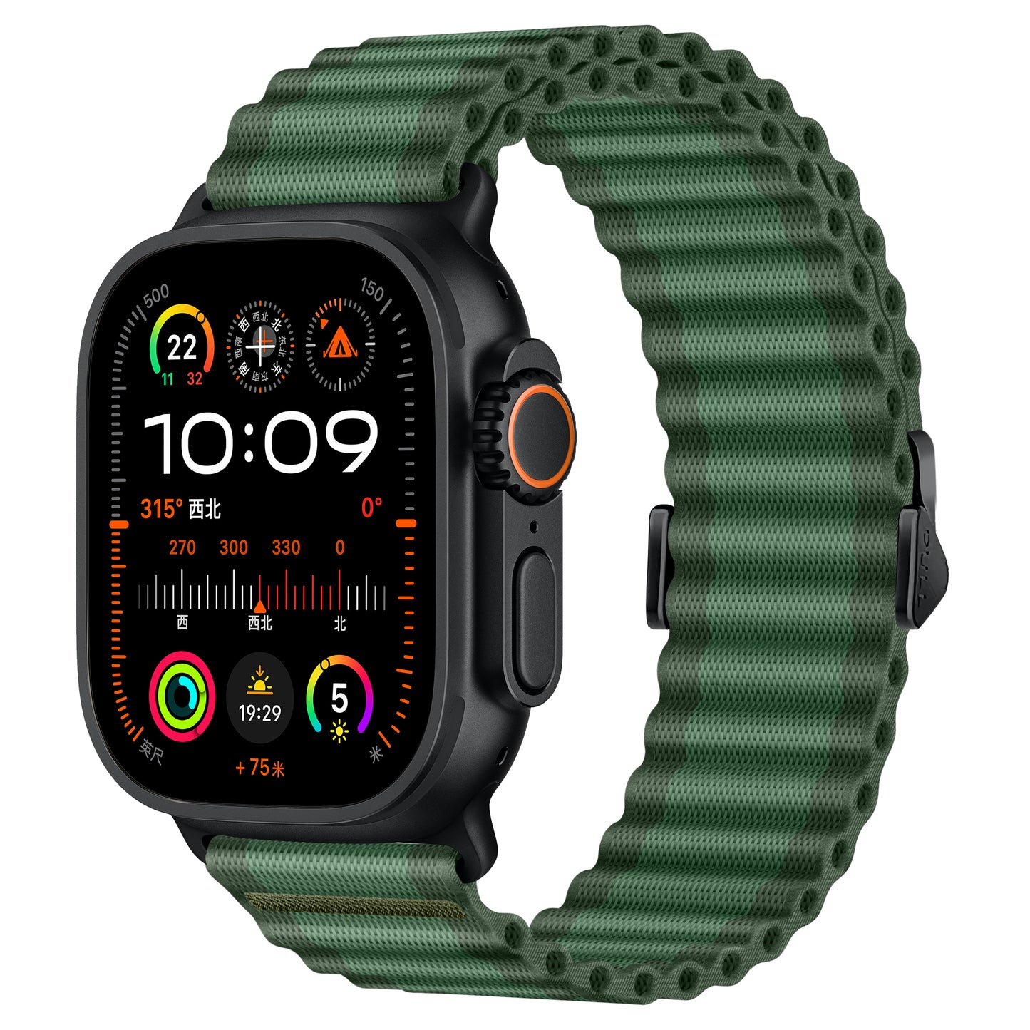 Das arktisband Apple Watch Nylonarmband „Venture“ verfügt über ein grün strukturiertes Band auf einer schwarzen rechteckigen Smartwatch, das 10:09 und bunte Widgets anzeigt – ideal für Outdoor-Enthusiasten, die Wert auf Stil und Funktion legen.
