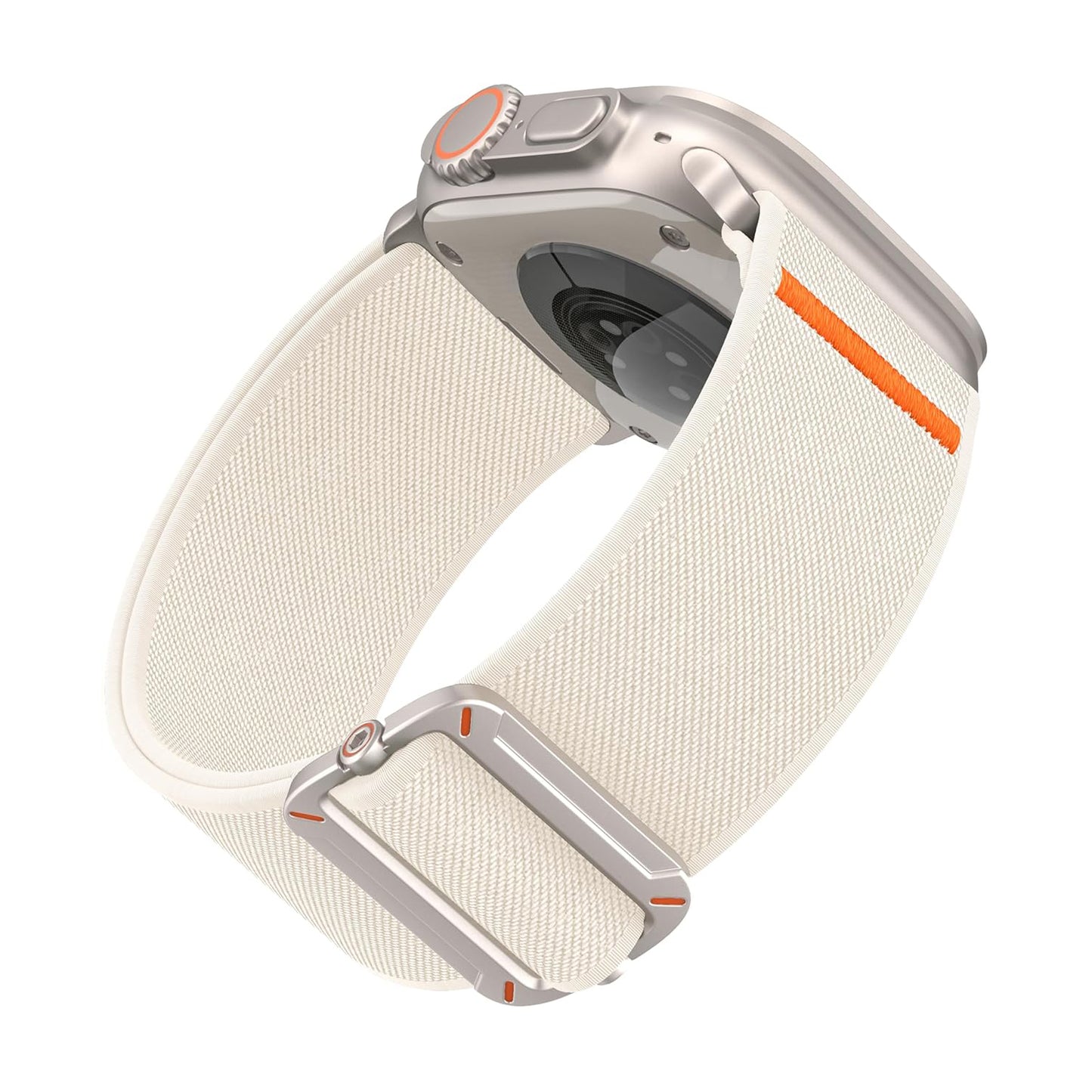 Nahaufnahme des Arktisbandes Apple Watch Nylonarmband "FlexOne" mit einem cremefarbenen Band und orangefarbenen Akzenten an Armband und Krone.