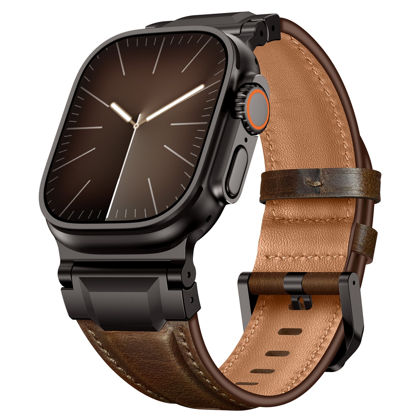 Arktisband Apple Watch Ultra mit dem braunen Lederarmband "Delta" und analogem Display, dargestellt auf weißem Hintergrund.