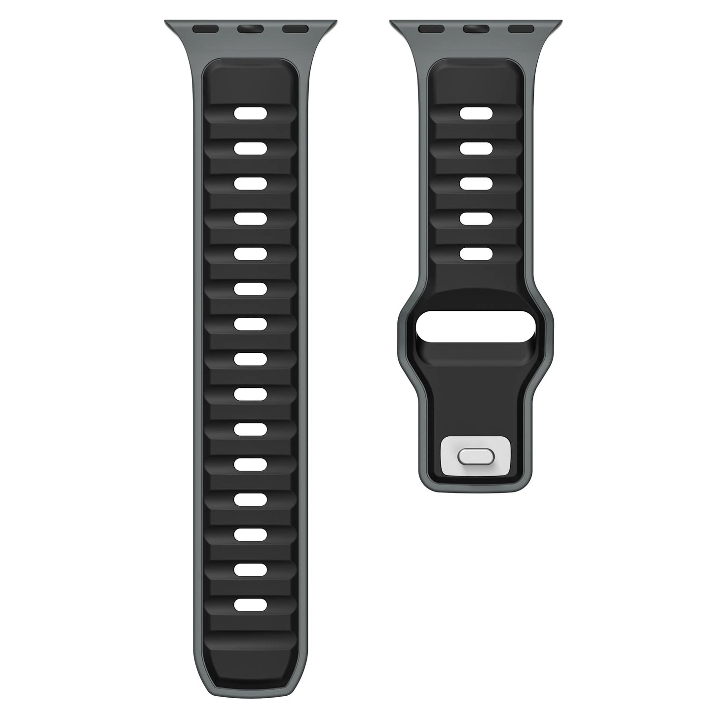 Abgebildet sind zwei Arktisband Apple Watch Silikonarmband „Swift“ in Schwarz und Grau – ein langes und ein kurzes – jeweils mit mehreren rechteckigen Löchern für eine atmungsaktive, schweißabsorbierende Passform und einem Metallverschluss, dargestellt auf einem schlichten weißen Hintergrund.