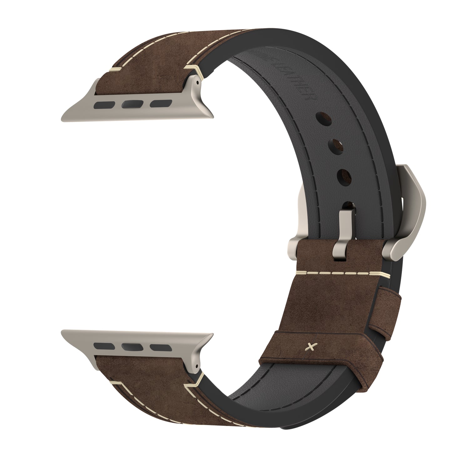 Das arktisband Apple Watch Ultra PALERMO GRANDE Lederarmband von arktisband besteht aus braunem Vintage-Leder mit beigen Nähten, Anschlüssen aus 316L-Edelstahl und einer passenden Schnalle, die aufrecht und gebogen auf einem schlichten weißen Hintergrund dargestellt ist.