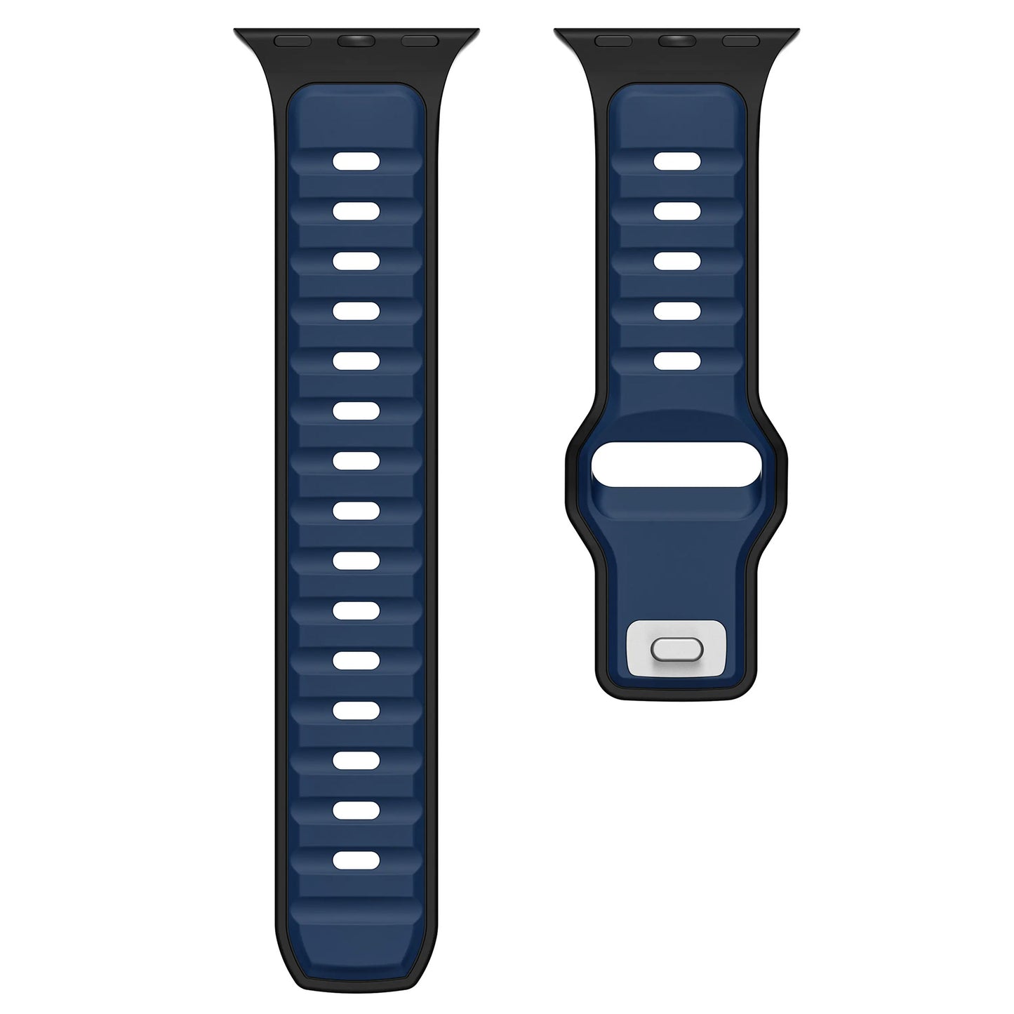 Zwei austauschbare Arktisband Apple Watch Silikonarmbänder „Swift“ in Dunkelblau mit schwarzen Rändern, verstellbar über mehrere Löcher und silberner Schließe, schweißabsorbierend und atmungsaktiv, sind nebeneinander auf weißem Hintergrund abgebildet.