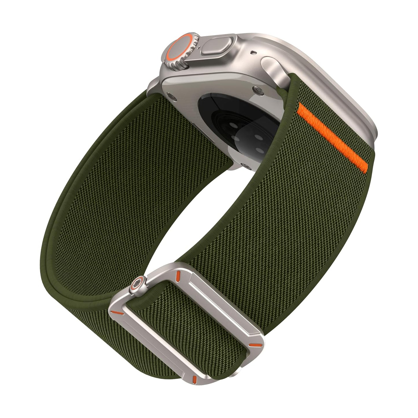 Das arktisband Apple Watch Nylonarmband "FlexOne" verfügt über ein grünes Nylonband mit orangefarbenen Akzenten, das für einen stilvollen Armband-Look an Ihrer Apple Watch sorgt.