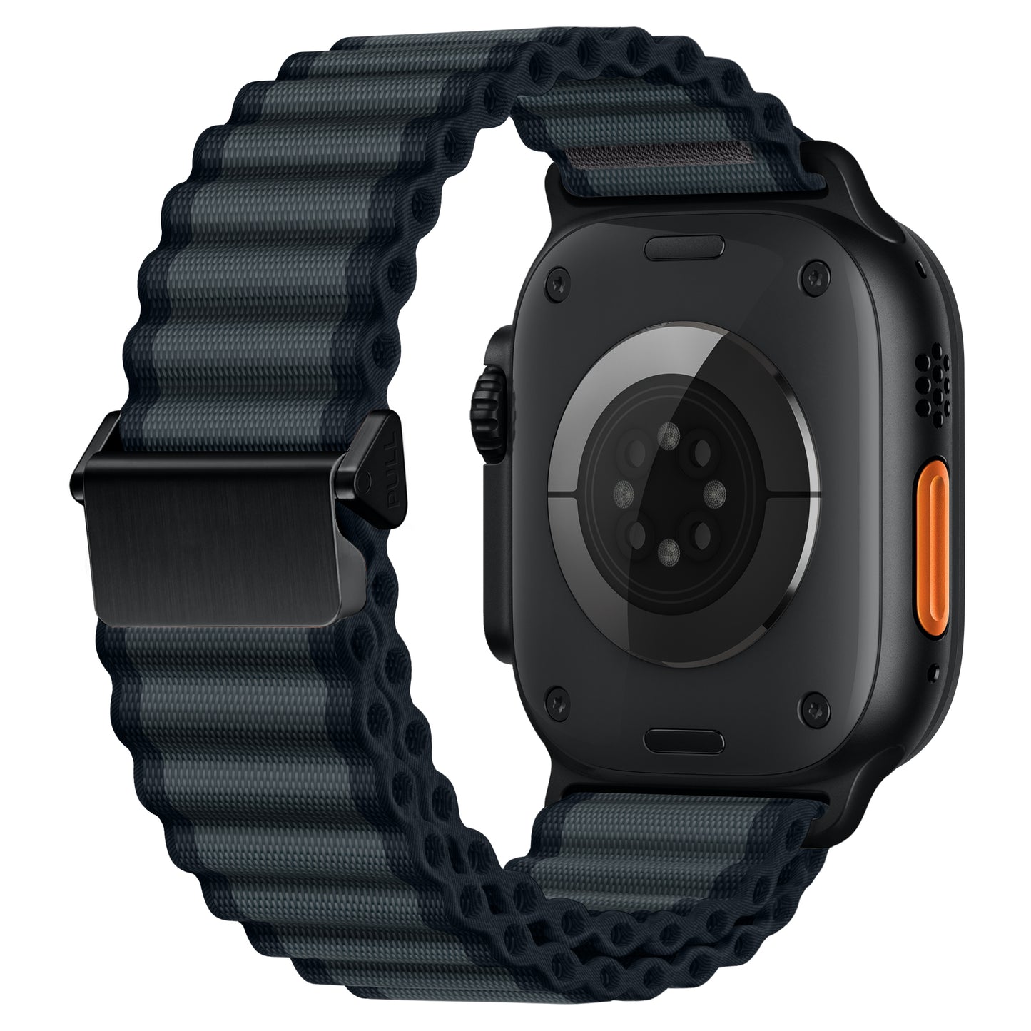 Eine Nahaufnahme des arktisband Apple Watch Nylonarmbands „Venture“ von arktisband, dargestellt in Schwarz mit einem dunkelgrauen, geriffelten Stoffband im Wellen-Look und einem schwarzen Metallverschluss – mit einem runden Sensor-Array und einem orangefarbenen Knopf, perfekt für Outdoor-Enthusiasten.