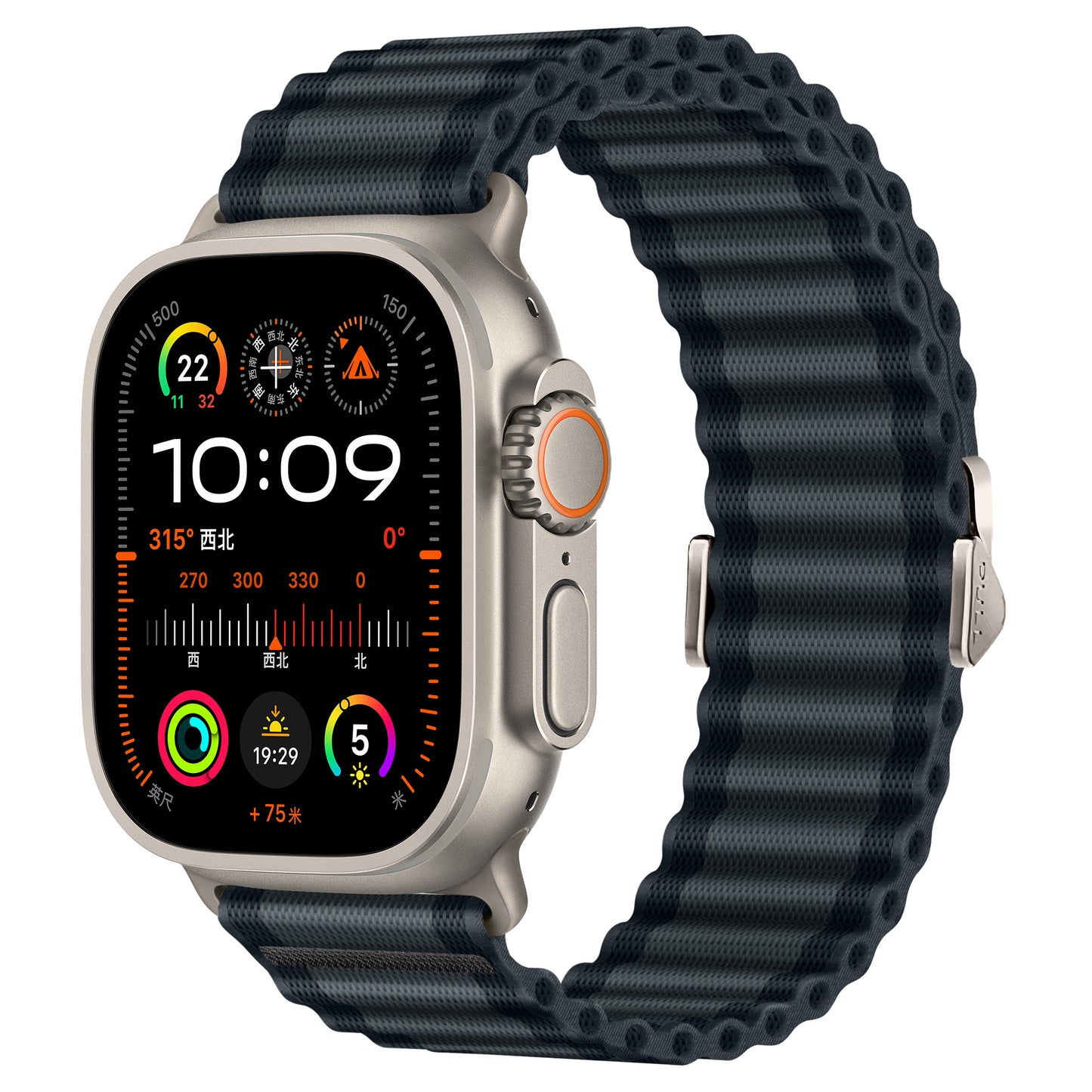 Das arktisband Apple Watch Nylonarmband „Venture“ verfügt über ein schwarzes Armband im Wellen-Look, zeigt die Uhrzeit 10:09 und bunte App-Symbole an – ideal für jedes Abenteuer.