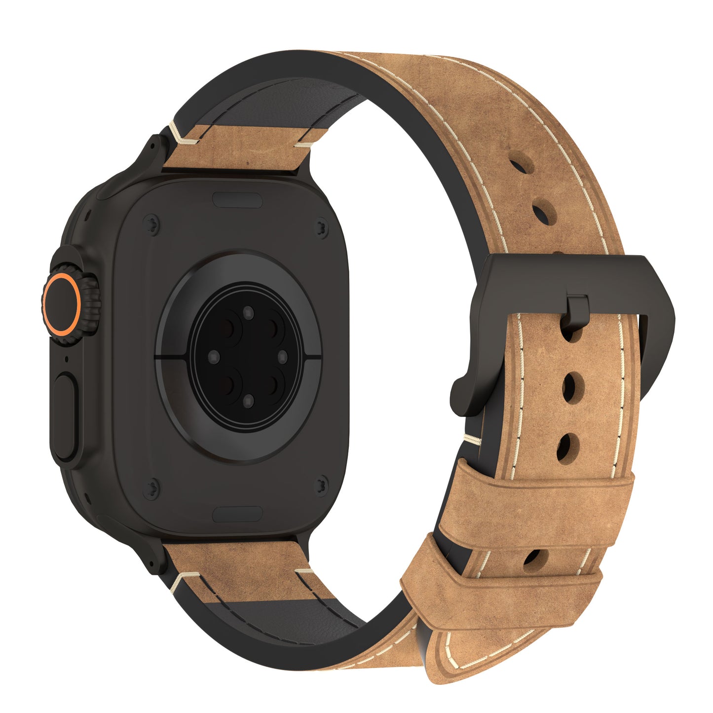 Eine Nahaufnahme des arktisband Apple Watch Ultra PALERMO GRANDE Lederarmbands mit schwarzem Gehäuse und braunem Armband mit detaillierten Nähten sowie einer Schnalle aus 316L-Edelstahl auf der Rückseite.