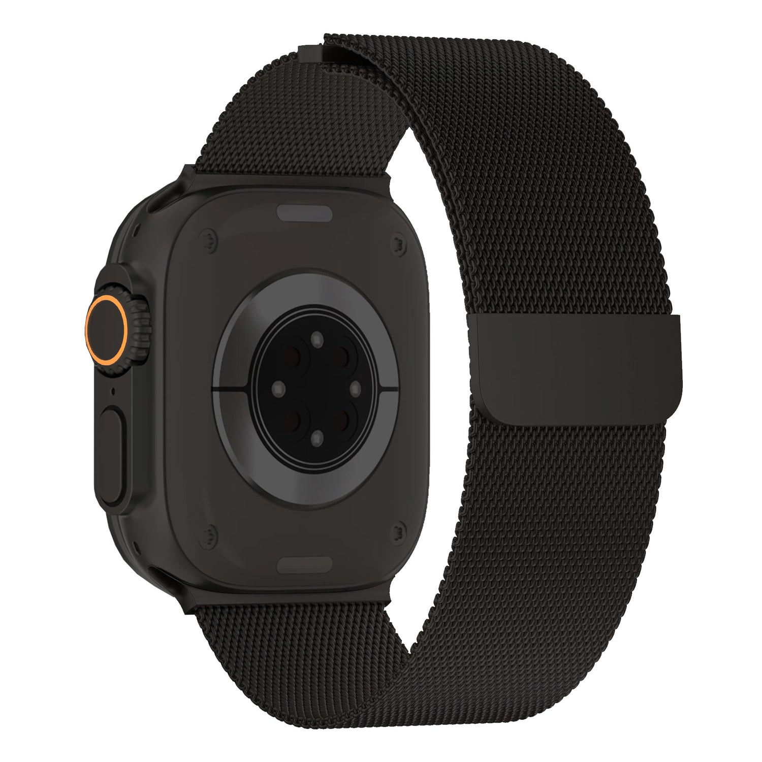 Das arktisband Apple Watch Ultra Milanaise Armband in Schwarz besticht durch ein stilvolles schwarzes Metallgeflechtband und einen runden Sensor auf der Rückseite, der von hinten betrachtet wird. Ideal für alle, die den Look der Apple Watch Ultra lieben.