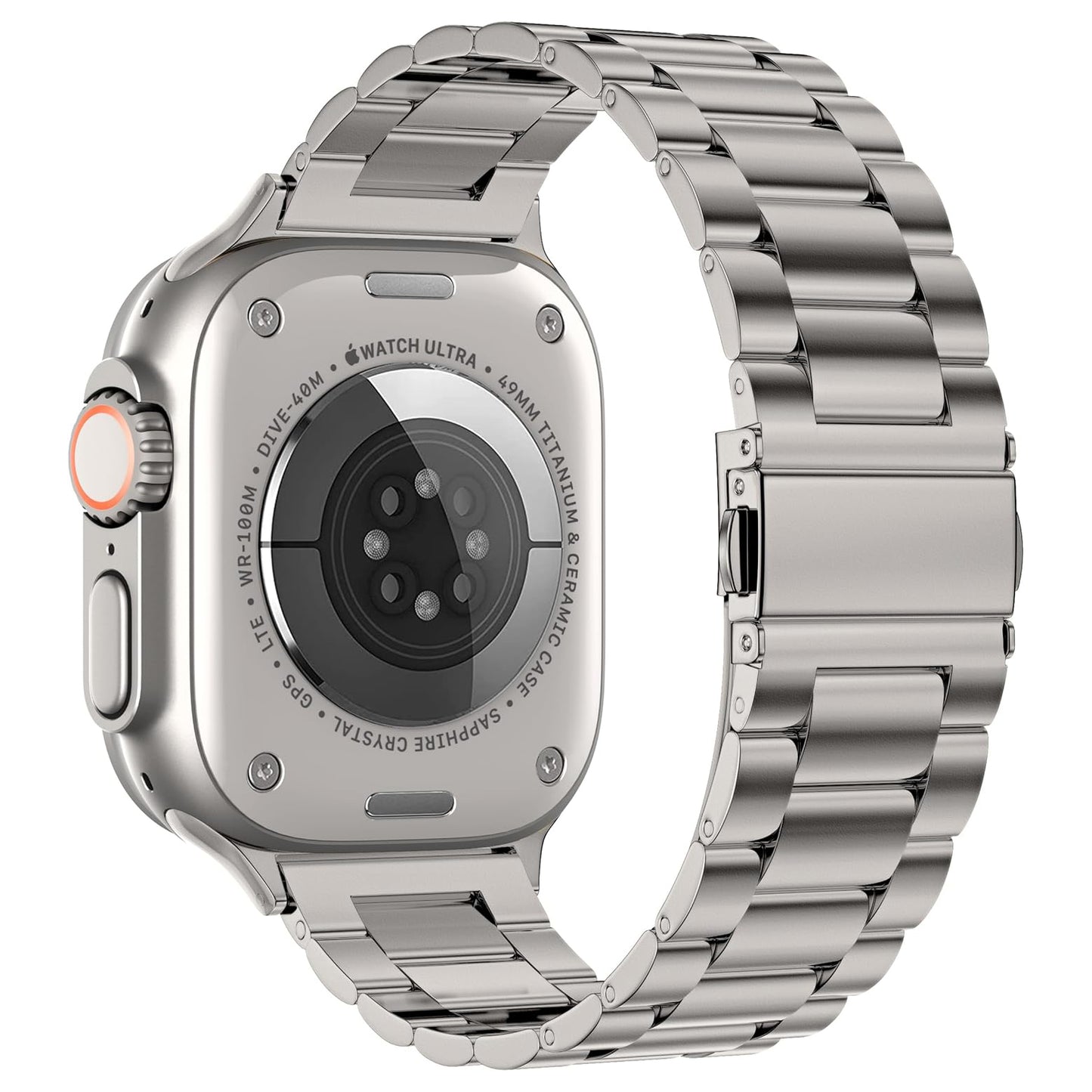Eine Nahaufnahme des arktisband Apple Watch Gliederarmbands „Arctica“ von arktisband, das sein silbernes Titangehäuse, das elegante Edelstahlarmband und detaillierte Sensorgravuren auf der Rückseite zeigt.