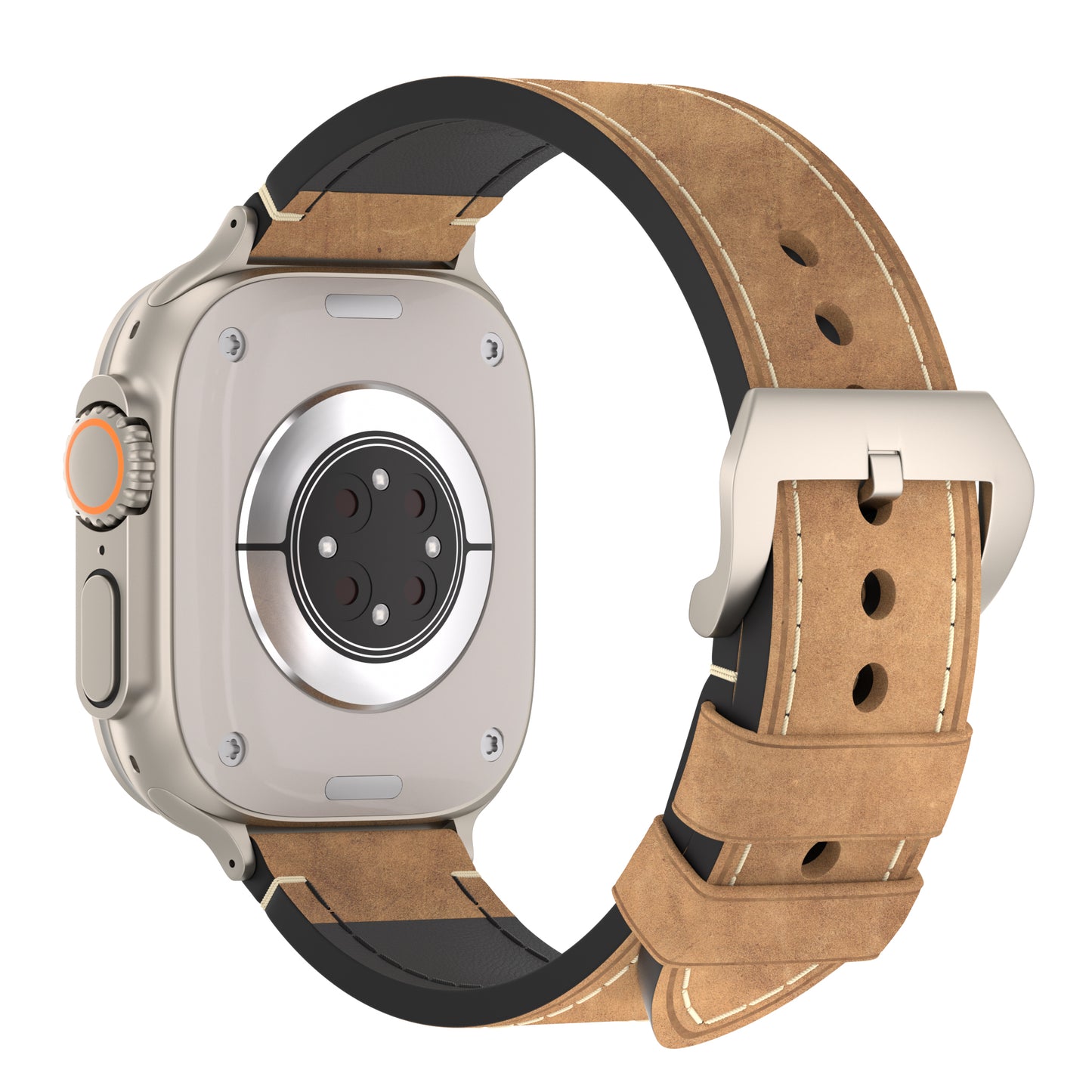 Die arktisband Apple Watch Ultra PALERMO GRANDE verfügt über ein rechteckiges silbernes 316L-Edelstahlgehäuse, einen runden Sensor auf der Rückseite, eine orange akzentuierte Krone und ein braunes Vintage-Lederarmband mit weißen Nähten und einer Metallschnalle, die von hinten zu sehen ist.