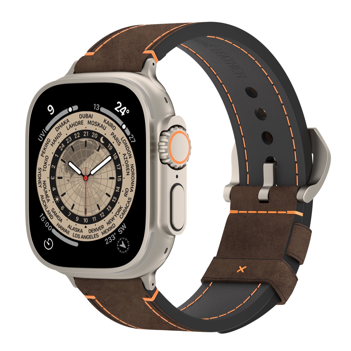 Das arktisband Apple Watch Ultra PALERMO GRANDE Lederarmband aus braunem Leder mit orangefarbenen Nähten und einer silbernen Schnalle ist mit einem silbernen Gehäuse aus 316L-Edelstahl und einer orange akzentuierten Krone auf einer Smartwatch mit quadratischem Display und Weltzeit-Zifferblatt gepaart.