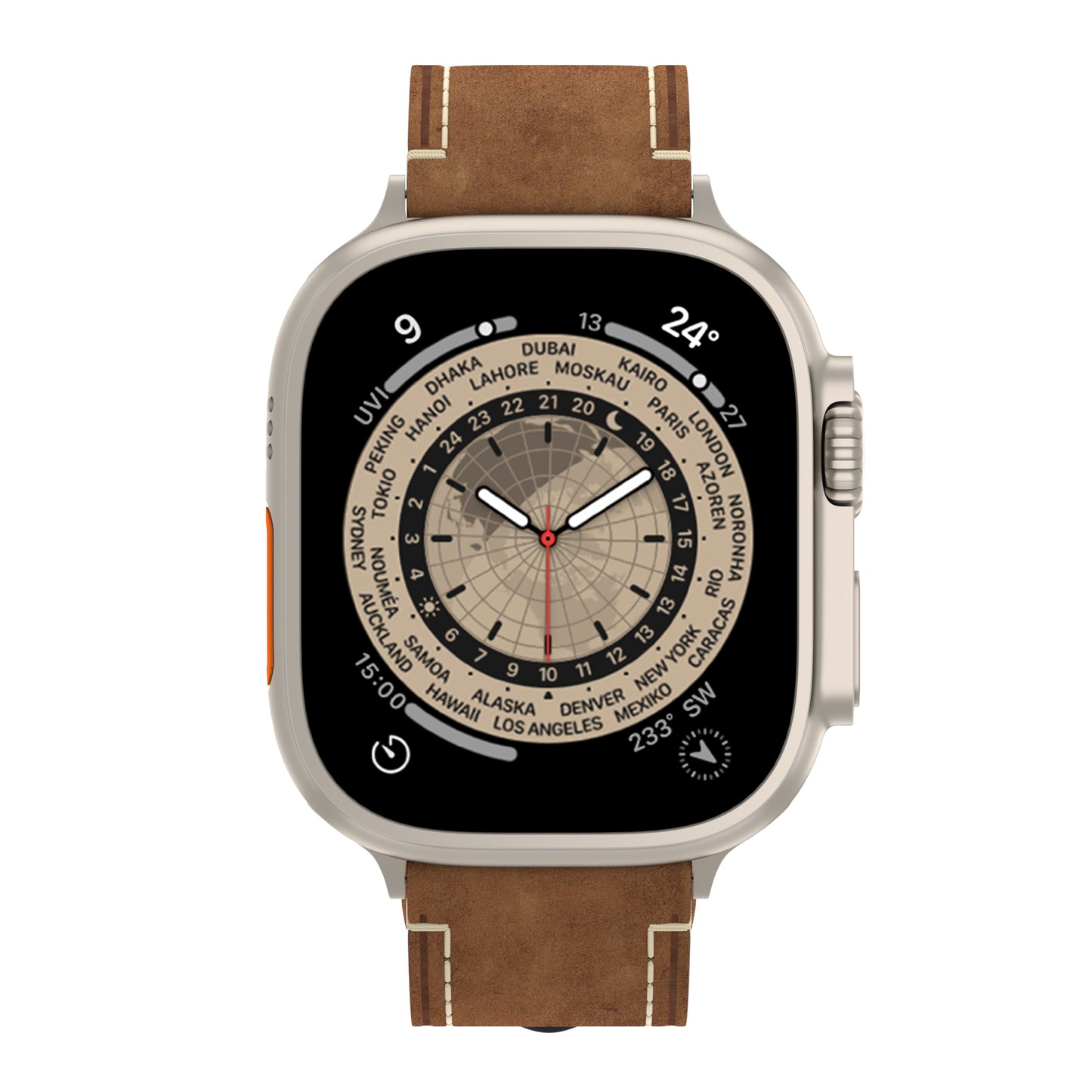 Das arktisband Apple Watch Ultra PALERMO GRANDE Lederarmband verfügt über ein Weltzeitzifferblatt mit analogen Zeigern, mehreren Städten und zeigt Temperatur- und Kompassinformationen auf seinem 316L-Edelstahlgehäuse an.