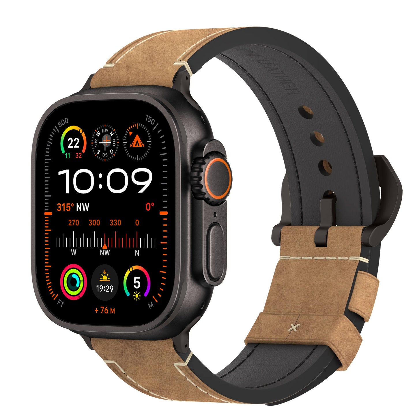 Die arktisband Apple Watch Ultra verfügt über ein rechteckiges schwarzes Gehäuse, ein PALERMO GRANDE hellbraunes und schwarzes Lederarmband von arktisband und eine lebendige Digitalanzeige mit Uhrzeit, Wetter, Kompass, Batteriestand und Aktivitätstracking.