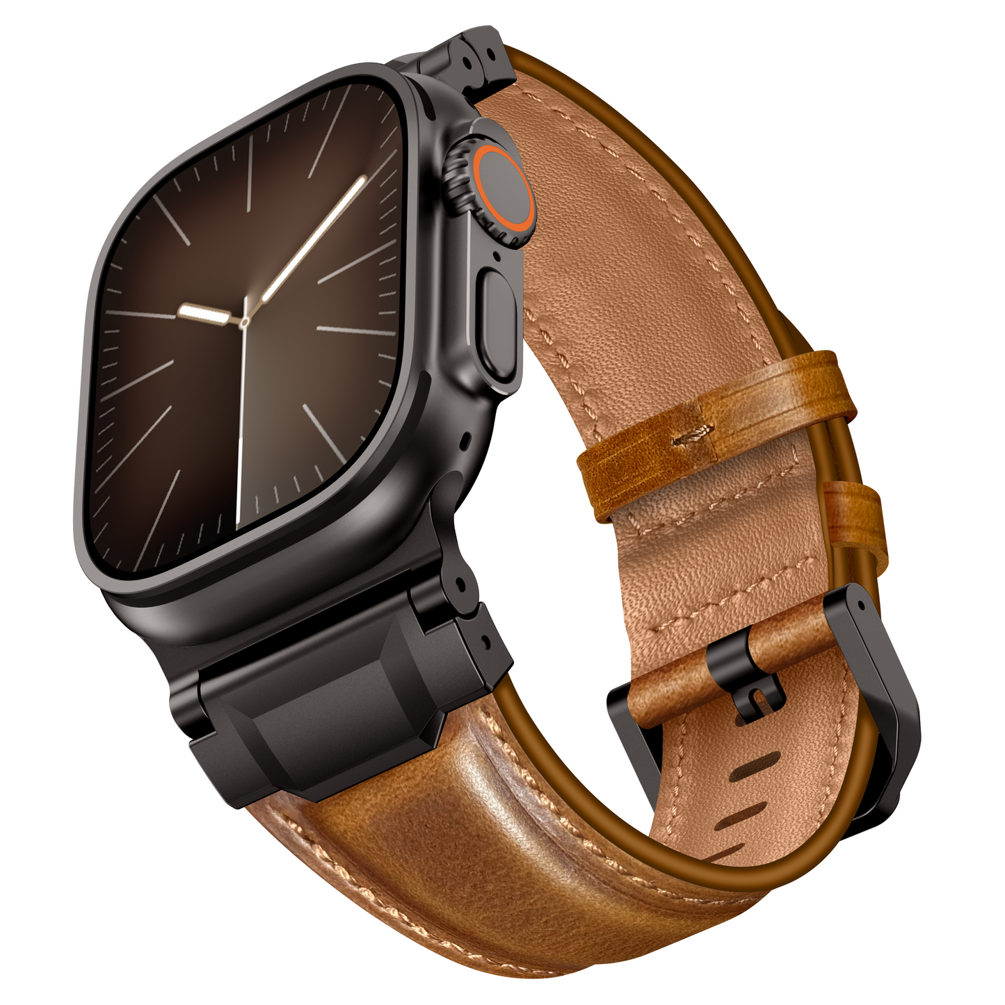 Das Arktisband Apple Watch Ultra Lederarmband "Delta" in braunem Echtleder ist schräg auf einer schwarzen Smartwatch vor einem weißen Hintergrund abgebildet.