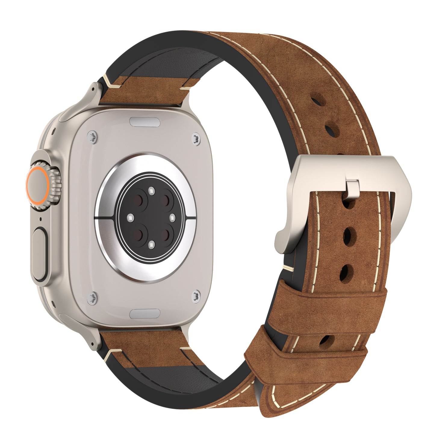 Eine Nahaufnahme des Arktisband Apple Watch Ultra PALERMO GRANDE Lederarmbands zeigt das silberne Gehäuse aus 316L-Edelstahl und das braune Lederarmband von hinten und von der Seite, wobei Schnalle, Sensoren und Steuertasten hervorgehoben werden.