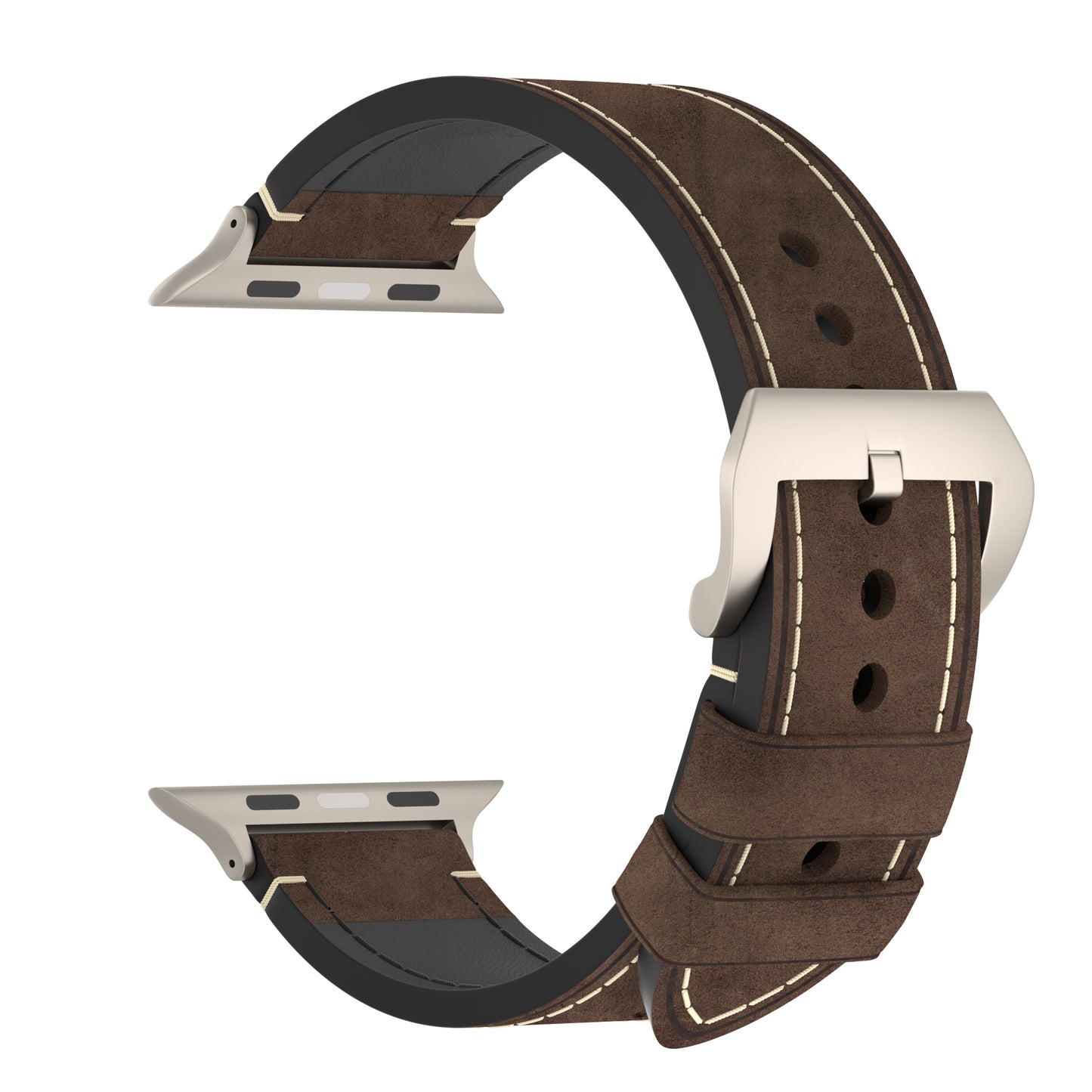 Das arktisband Apple Watch Ultra PALERMO GRANDE Lederarmband ist ein braunes Vintage-Lederarmband mit weißen Nähten, silberner 316L-Edelstahlschließe und Metallanschlüssen, kompatibel mit der Apple Watch Ultra und Fitness-Trackern. Abgebildet auf weißem Hintergrund.