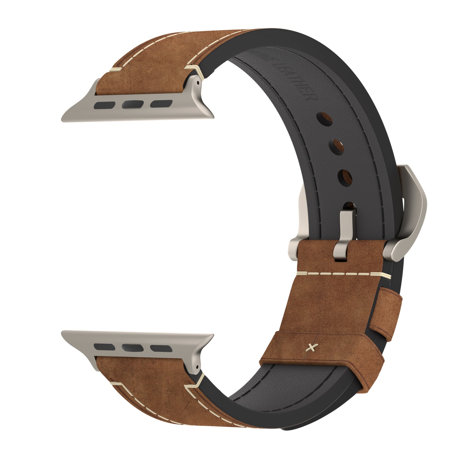 Das arktisband Apple Watch Ultra PALERMO GRANDE Lederarmband ist ein braunes Vintage-Lederarmband mit beigen Nähten, silbernen Anschlüssen aus 316L-Edelstahl, einer schwarzen Innenseite und einer gebogenen silbernen Schnalle – fertig zum Anbringen.
