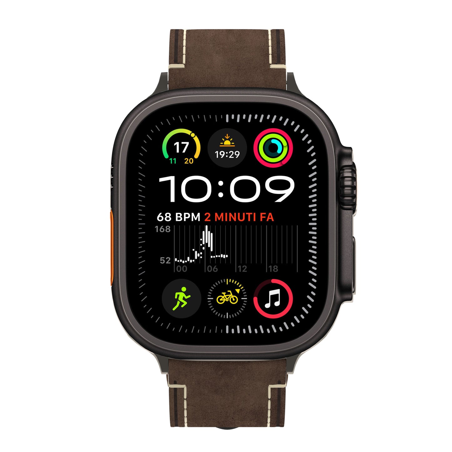 Die arktisband Apple Watch Ultra mit dem PALERMO GRANDE Lederarmband zeigt 10:09 an und zeigt auf ihrem Display Gesundheitsdaten wie Herzfrequenz, Fitnessringe und App-Symbole für Schritte, Radfahren und Musik an.