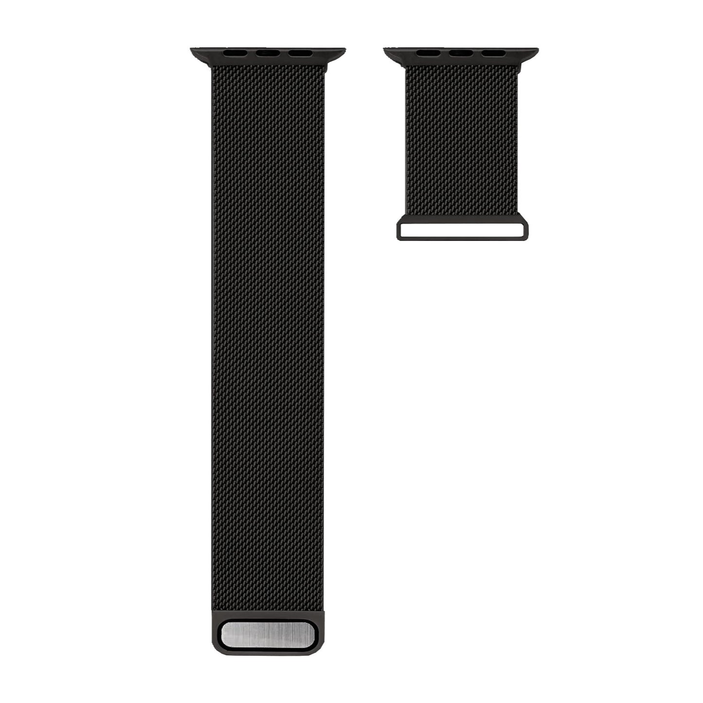 Das arktisband Milanaise Armband-Set für die Apple Watch Ultra besteht aus zwei schwarzen Metallgeflechtbändern – einem längeren mit Verschluss und einem kürzeren – auf weißem Hintergrund. Werten Sie Ihre Apple Watch Ultra mit dem eleganten Stil von arktisband auf.