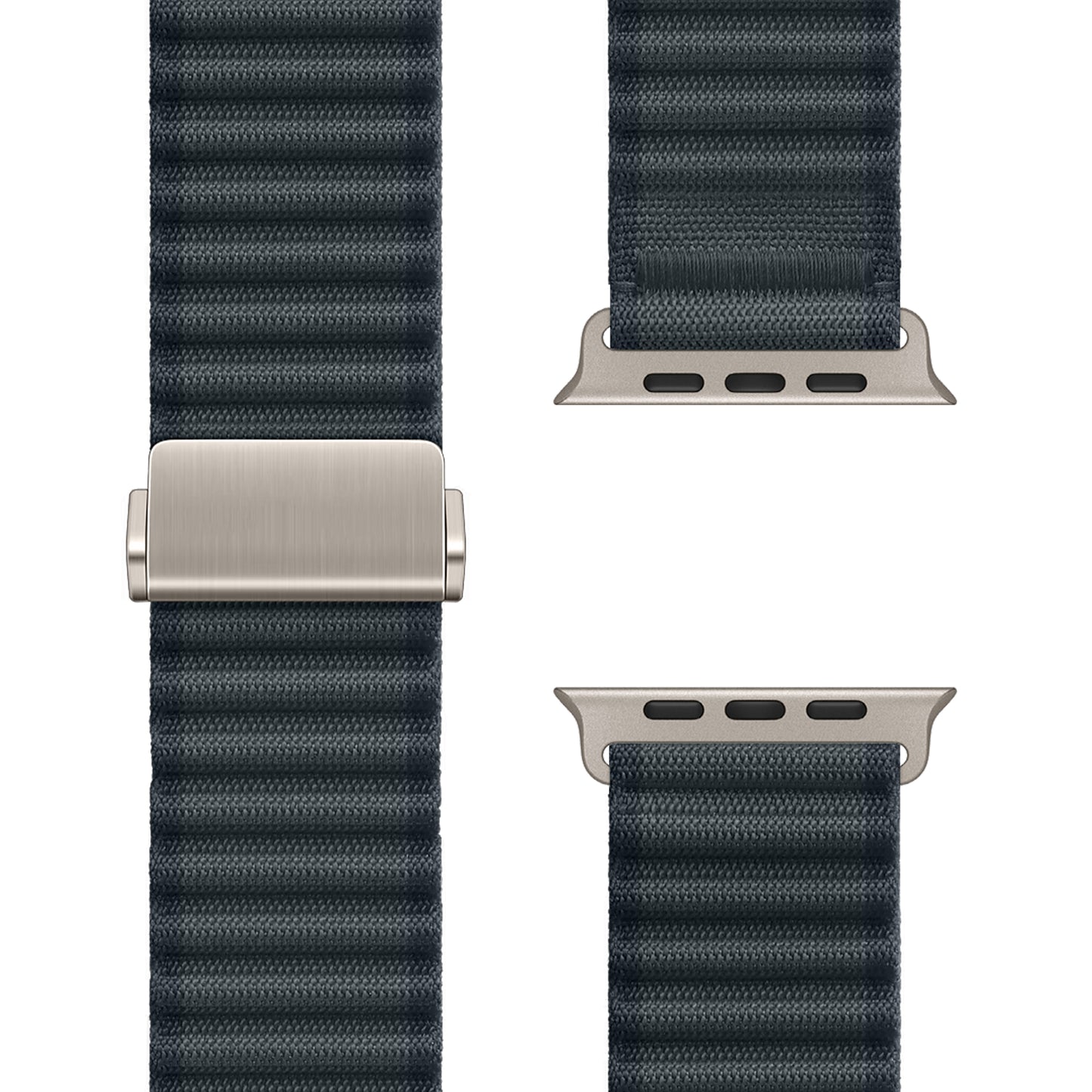 Nahaufnahme des Arktisband Apple Watch Nylonarmbands „Venture“ in Dunkelblau mit silbernen Verbindern, mit dezenter Wellenstruktur und aus mehreren Blickwinkeln gezeigt.