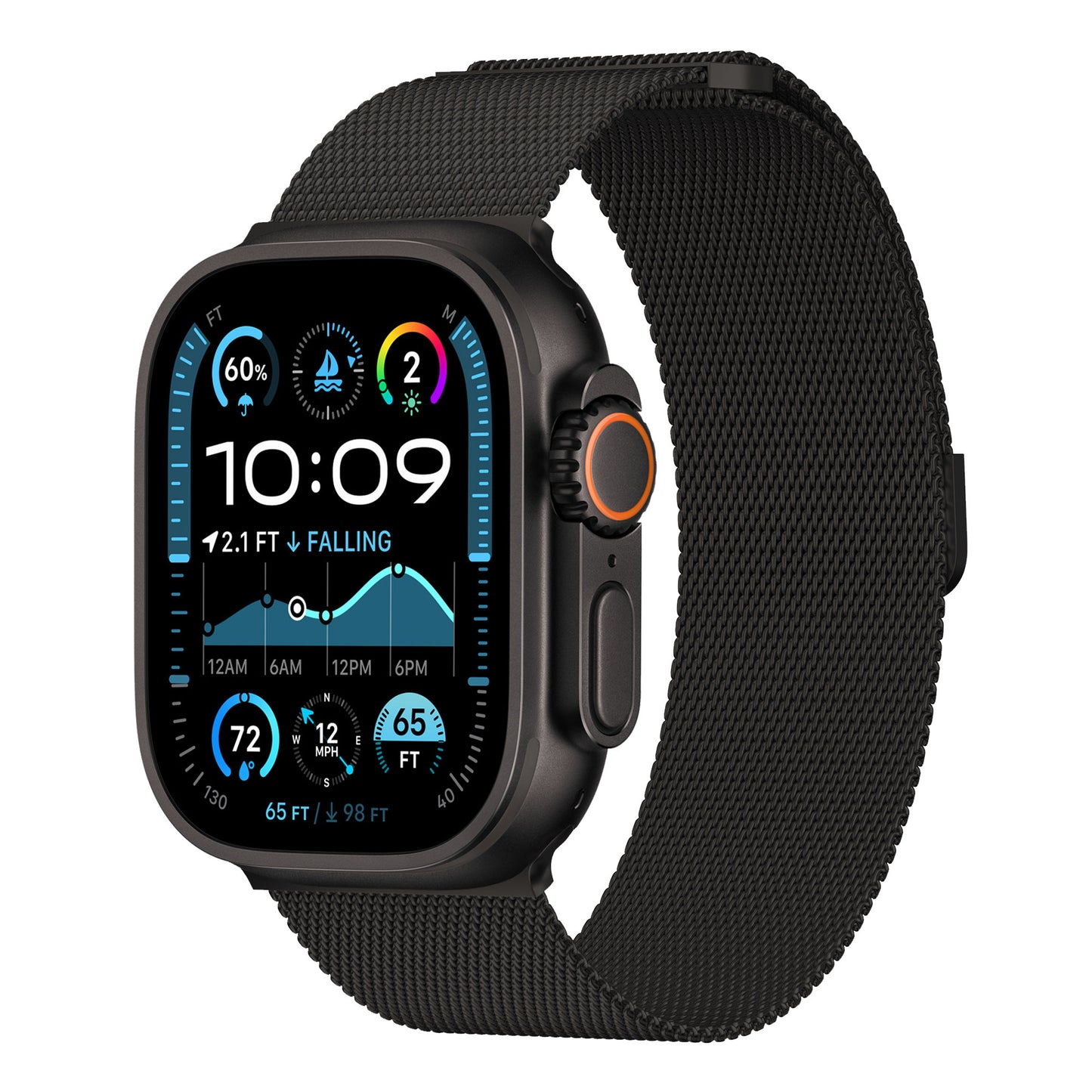 Das arktisband Apple Watch Ultra Milanaise Armband verfügt über ein schwarzes rechteckiges Zifferblatt mit 10:09, Gesundheits- und Wetterdaten sowie einem Diagramm und hat ein elegantes Milanaise-Band sowie einen runden orangefarbenen Seitenknopf.