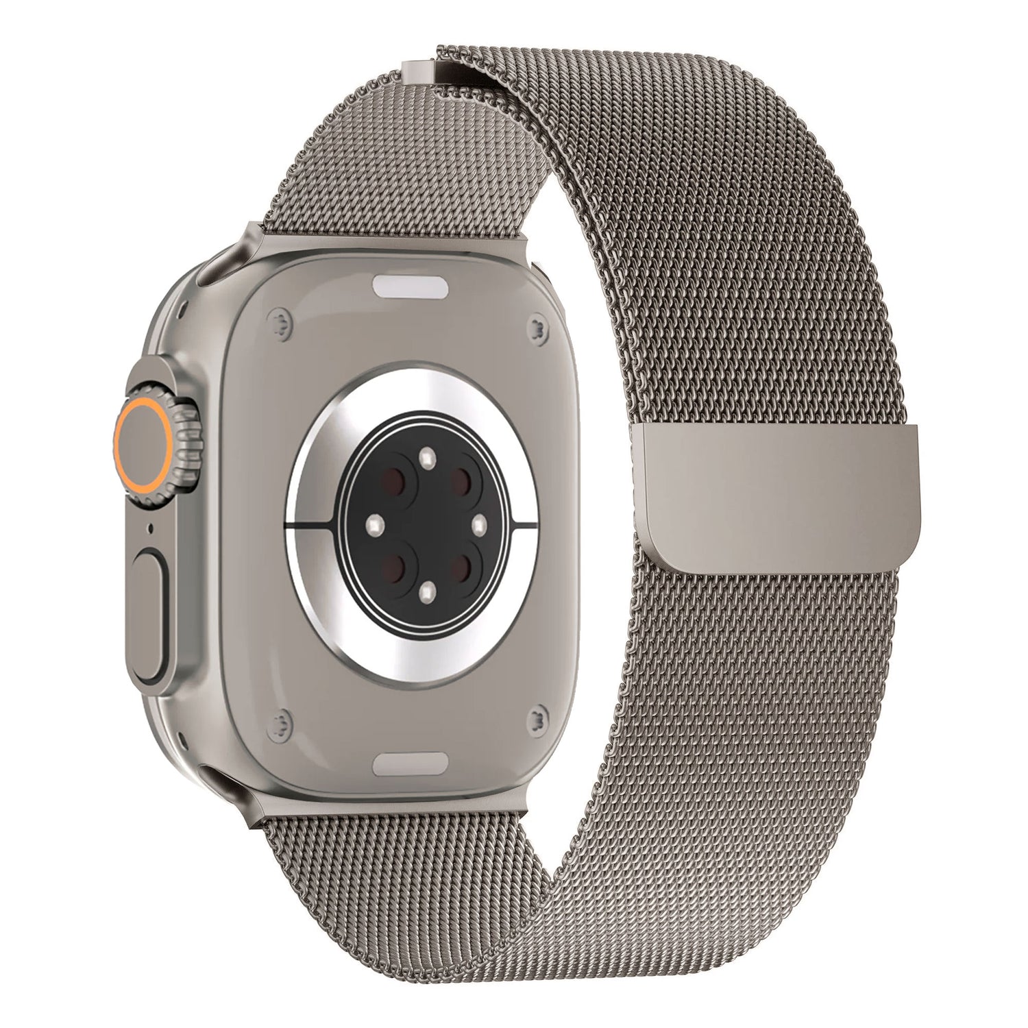 Eine Nahaufnahme des arktisband Apple Watch Ultra Milanaise Armbands von arktisband zeigt seinen Magnetverschluss, wobei Sensoren und Ladebereich auf der Unterseite der Uhr sichtbar sind.