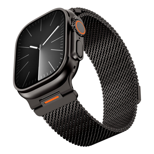 Das arktisband Apple Watch Milanaise Armband "Bold SE" ist ein schwarzes Mesh-Edelstahlband für Ihre Apple Watch mit analogem Zifferblatt und weißen Zeigern. Diese Sonderedition von arktisband bietet einen raffinierten und stilvollen Look.