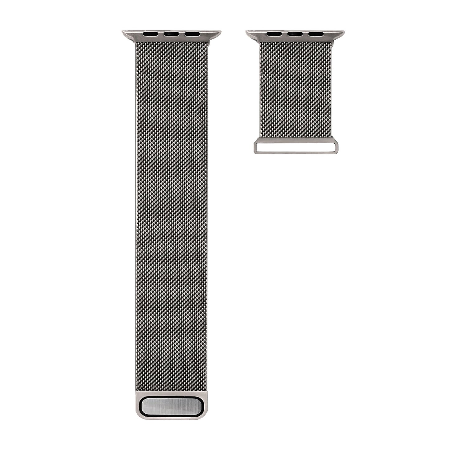 Zwei arktisband Apple Watch Ultra Milanaise Armbänder aus Edelstahl liegen auf weißem Hintergrund – eines lang, eines kurz – beide mit passenden Steckverbindern für die Apple Watch Ultra.