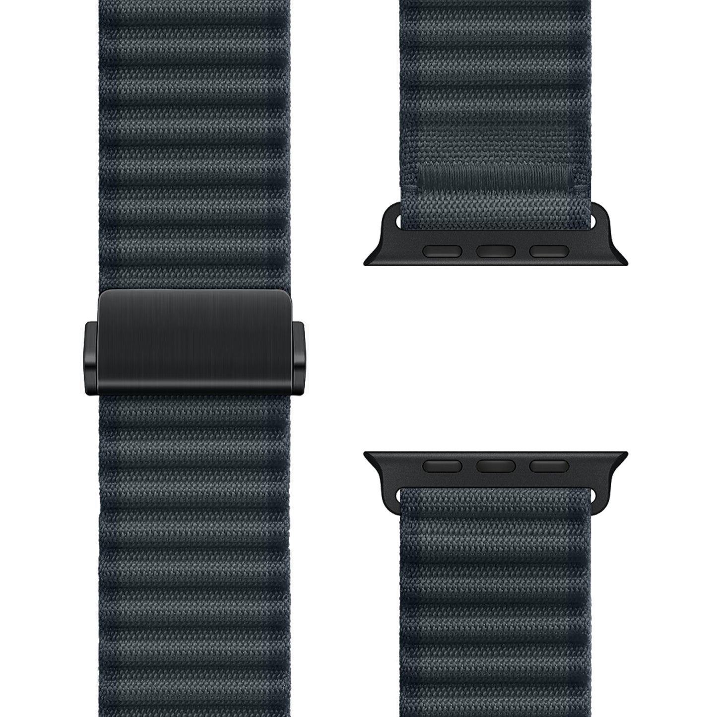 Das arktisband Apple Watch Nylonarmband „Venture“ besticht durch ein dunkel strukturiertes Design, strapazierfähiges Nylonmaterial, einen Magnetverschluss und schwarze Anschlüsse – ideal für stilbewusste Outdoor-Enthusiasten, die ein robustes Apple Watch-Armband suchen.