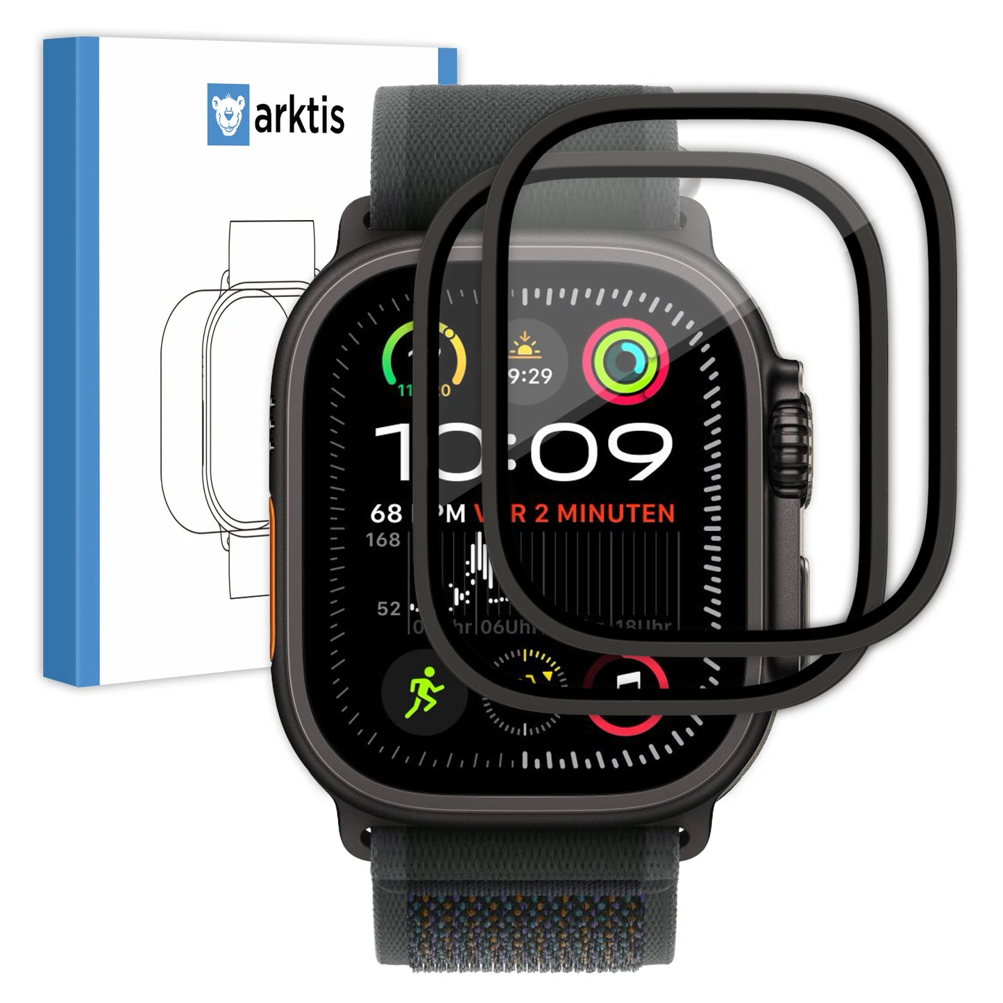 Gezeigt wird eine Smartwatch mit Titanlegierungsrahmen und schwarzem Displayschutzglas, die Fitness-Symbole hervorhebt. Dahinter befindet sich die Produktverpackung von MR PROTECT arktis ADVENTURE Displayschutz Glas für Apple Watch Ultra 49 mm - 2er Set.