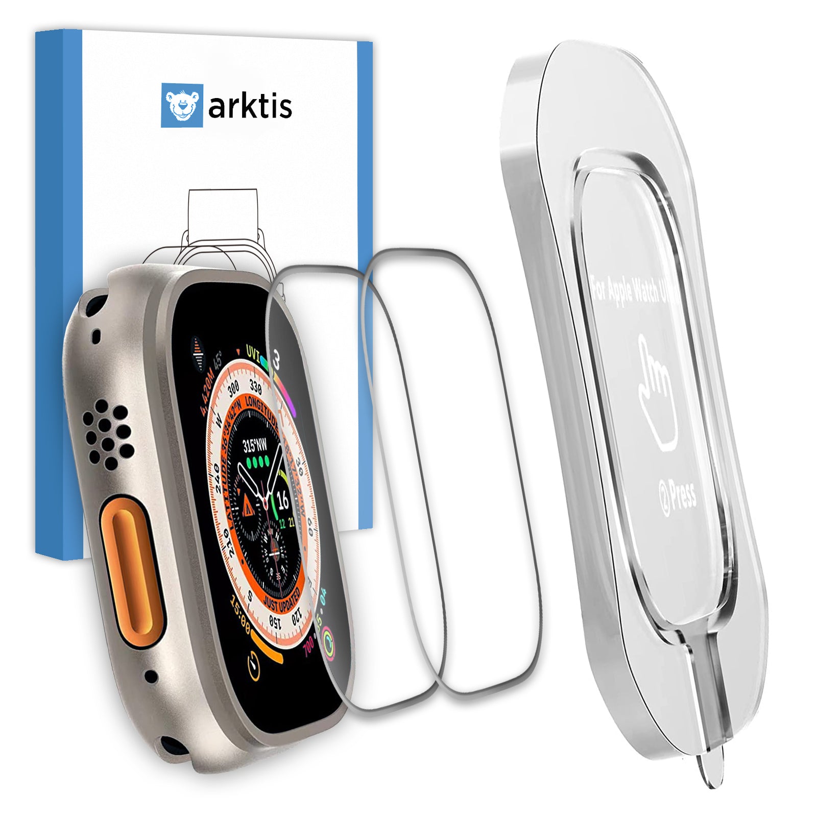 Eine Smartwatch mit MR PROTECT CRYSTAL CLEAR Displayschutz GLAS für Apple Watch Ultra 49 mm (2er Set), gehärtetem Glas, oleophober Beschichtung, Installationstool und Arktis Markenverpackung.