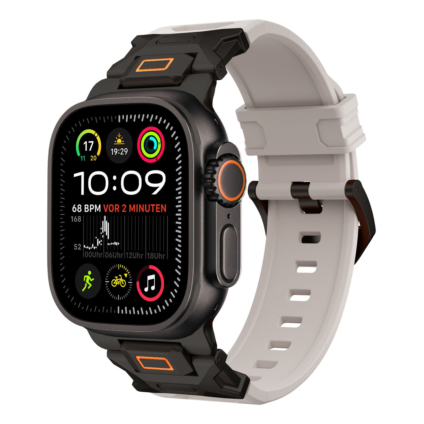 Das arktisband Apple Watch Ultra Armband "Alpha" verfügt über ein robustes schwarz-weißes Smartwatch-Display mit Uhrzeit (10:09), App-Symbolen, Herzfrequenz, Akkustand und Datum. Es verfügt über einen orangefarbenen Knopf und ein belüftetes FKM-Kunststoffband von arktisband.