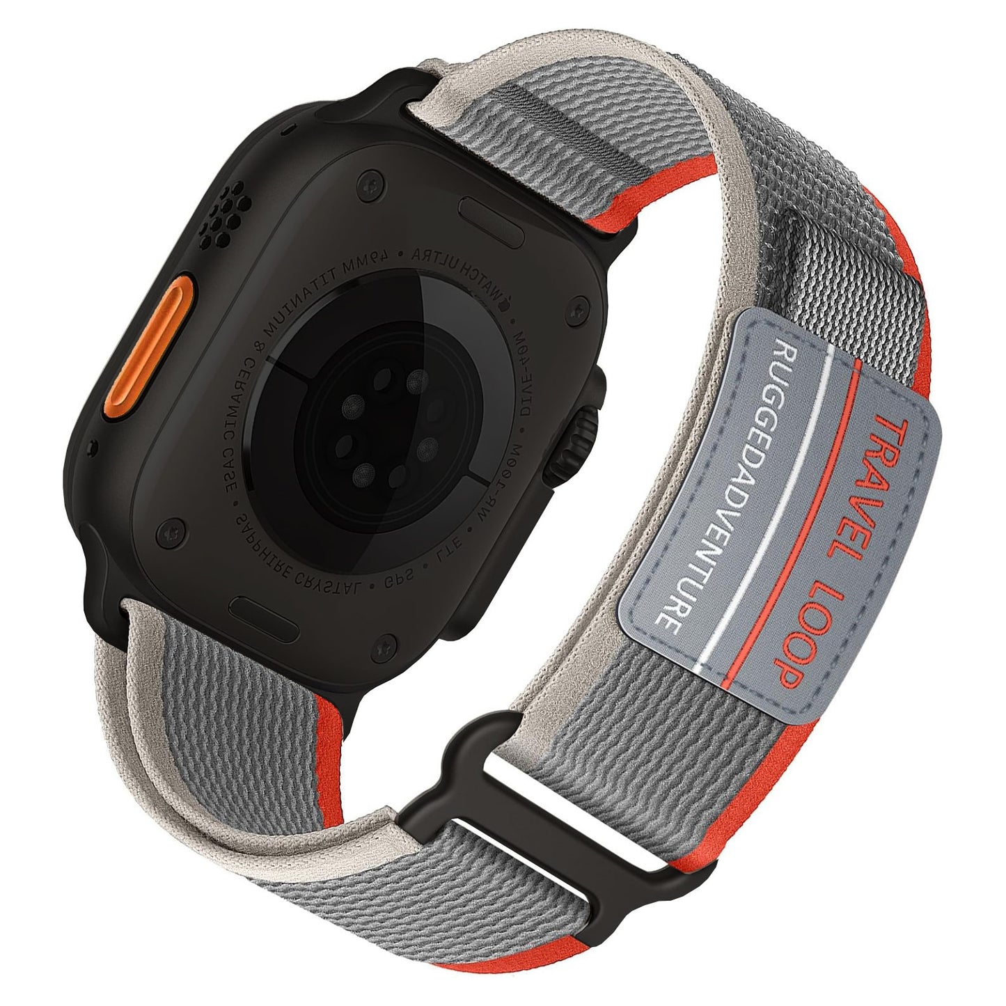 Eine Nahaufnahme des arktisband Apple Watch Travel Loop Armbands in Grau/Orange mit den Aufschriften TRAVEL LOOP und RUGGEDADVENTURE. Die schwarze Apple Watch verfügt über einen runden Sensor und einen orangefarbenen Knopf – ideal für Outdoor-Aktivitäten. Marke: arktisband.