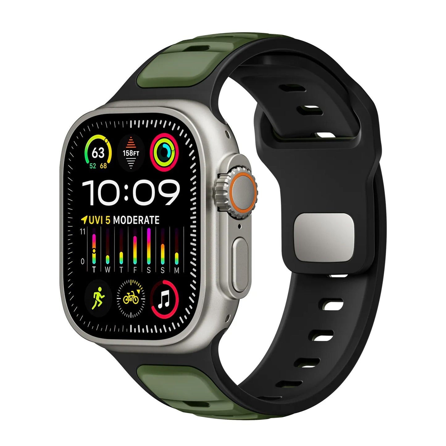 Das Arktisband Apple Watch Silikonarmband „Swift“ in Grün und Schwarz ist schweißabsorbierend und atmungsaktiv. In Kombination mit einer Apple Watch mit silbernem Gehäuse zeigt es Uhrzeit (10:09), Fitness-, Gesundheits-, Wetterinformationen und Aktivitätssymbole auf einem farbenfrohen Display an.