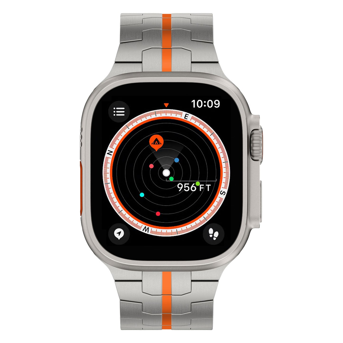 Das arktisband Apple Watch TITAN Armband „Aviato Edition“ in Silber mit orangefarbenem Streifen zeigt eine Kompass-App mit rundem Zifferblatt, der Entfernungsanzeige „956 FT“, farbigen Punkten auf Schwarz und der Uhrzeit 10:09.