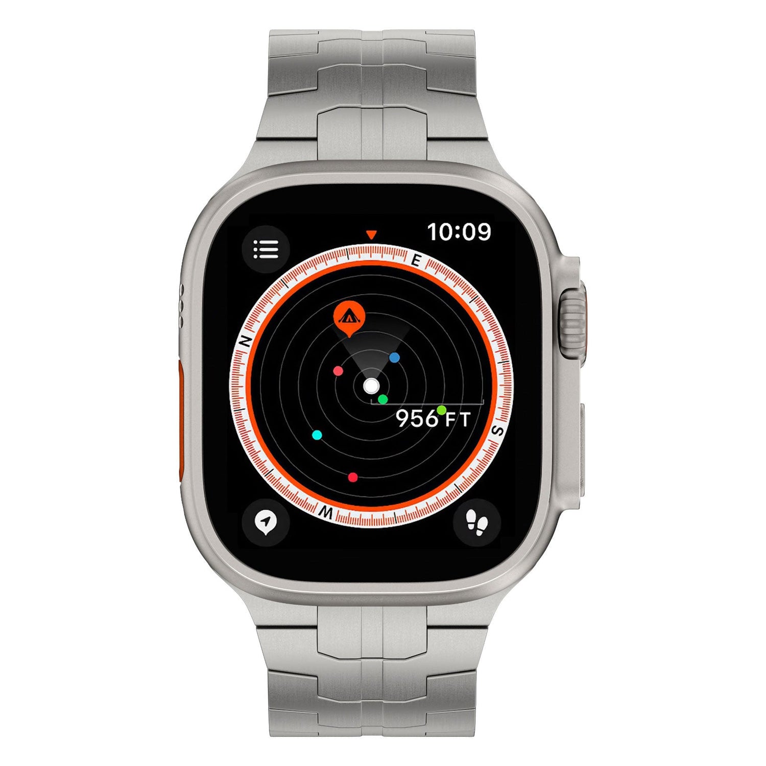 Das arktisband Apple Watch TITAN Armband „Aviato Edition“ von arktisband wird mit einer Kompass-App angezeigt, die die Himmelsrichtungen, eine digitale Nadel, eine Entfernung von 956 Fuß und die Uhrzeit 10:09 in der oberen rechten Ecke anzeigt.