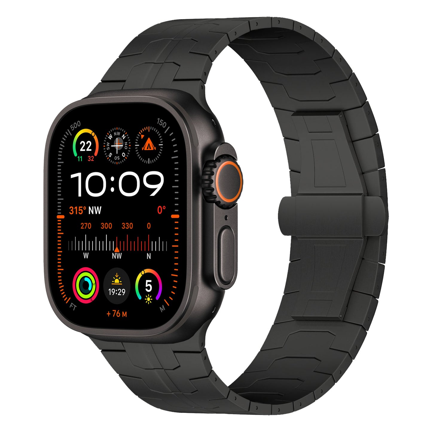 Das arktisband Apple Watch Ultra Armband TITANIUM F-15 verfügt über ein schwarzes segmentiertes Band, ein robustes Titanium F-15-Gehäuse, eine orange akzentuierte Seitentaste und ein rechteckiges Zifferblatt mit Uhrzeit-, Datums-, Kompass- und Gesundheits-/Aktivitäts-Tracking-Indikatoren.