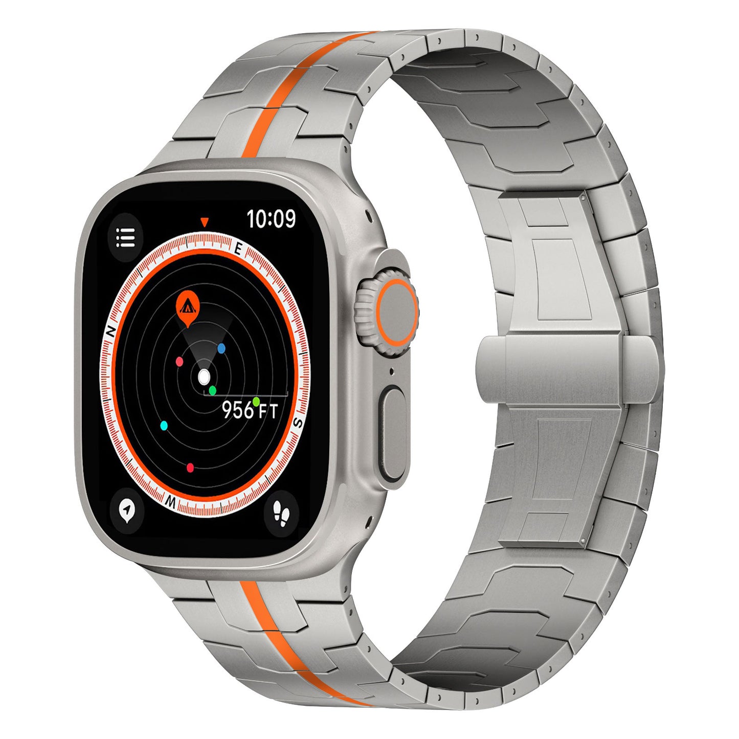 Das arktisband Apple Watch Ultra Armband TITANIUM F-15 von arktisband ist in Silber mit einem orange gestreiften Band erhältlich und zeigt eine digitale Kompassschnittstelle, die Uhrzeit 10:09 Uhr und eine Höhenmessung von 956 Fuß an.