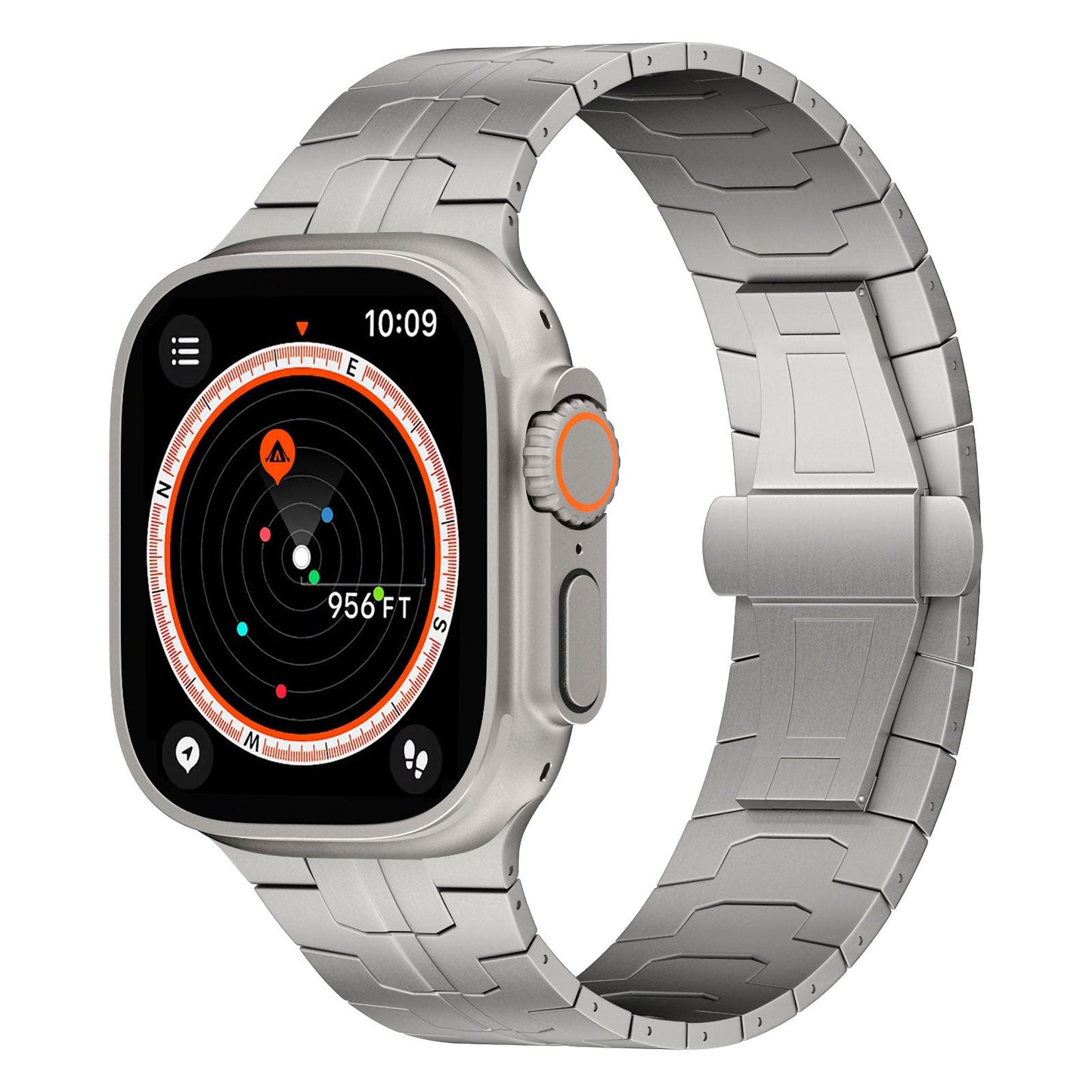Das arktisband Apple Watch TITAN Armband „Aviato Edition“ von arktisband ist eine silberne Smartwatch mit einem Metallgliederarmband und einem runden Digitalbildschirm mit einer Kompassschnittstelle mit orangefarbenem Akzent, Wegpunktmarkierung und 290 m Entfernungsangabe.