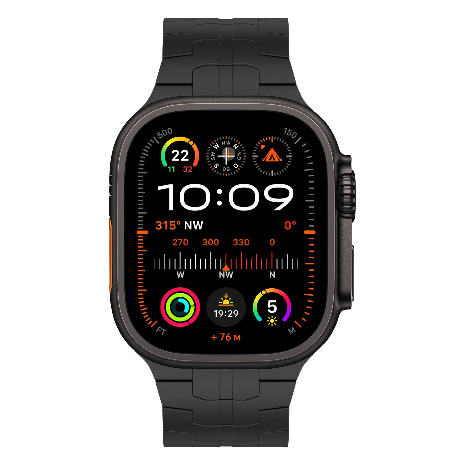 Das arktisband Apple Watch TITAN Armband „Aviato Edition“ von arktisband verfügt über ein schwarzes Gehäuse und Armband mit langlebiger DLC-Beschichtung und zeigt auf seinem lebendigen Bildschirm die Uhrzeit (10:09), bunte Symbole, kreisförmige Aktivitätsbalken, einen Kompass und Wetterinformationen an.