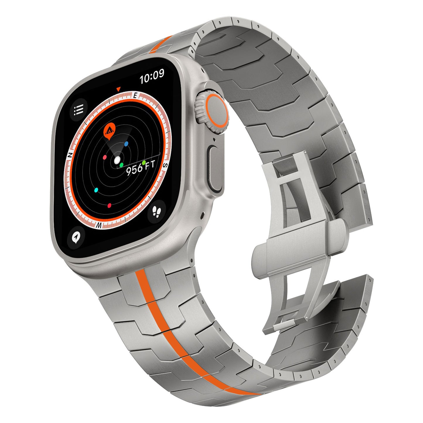Das arktisband Apple Watch Ultra Armband TITANIUM F-15 verfügt über ein silbernes Band mit einem orangefarbenen Streifen, inspiriert von robustem Design, gepaart mit einer silbernen Apple Watch Ultra, die auf ihrem rechteckigen Display eine Kompass-App anzeigt.