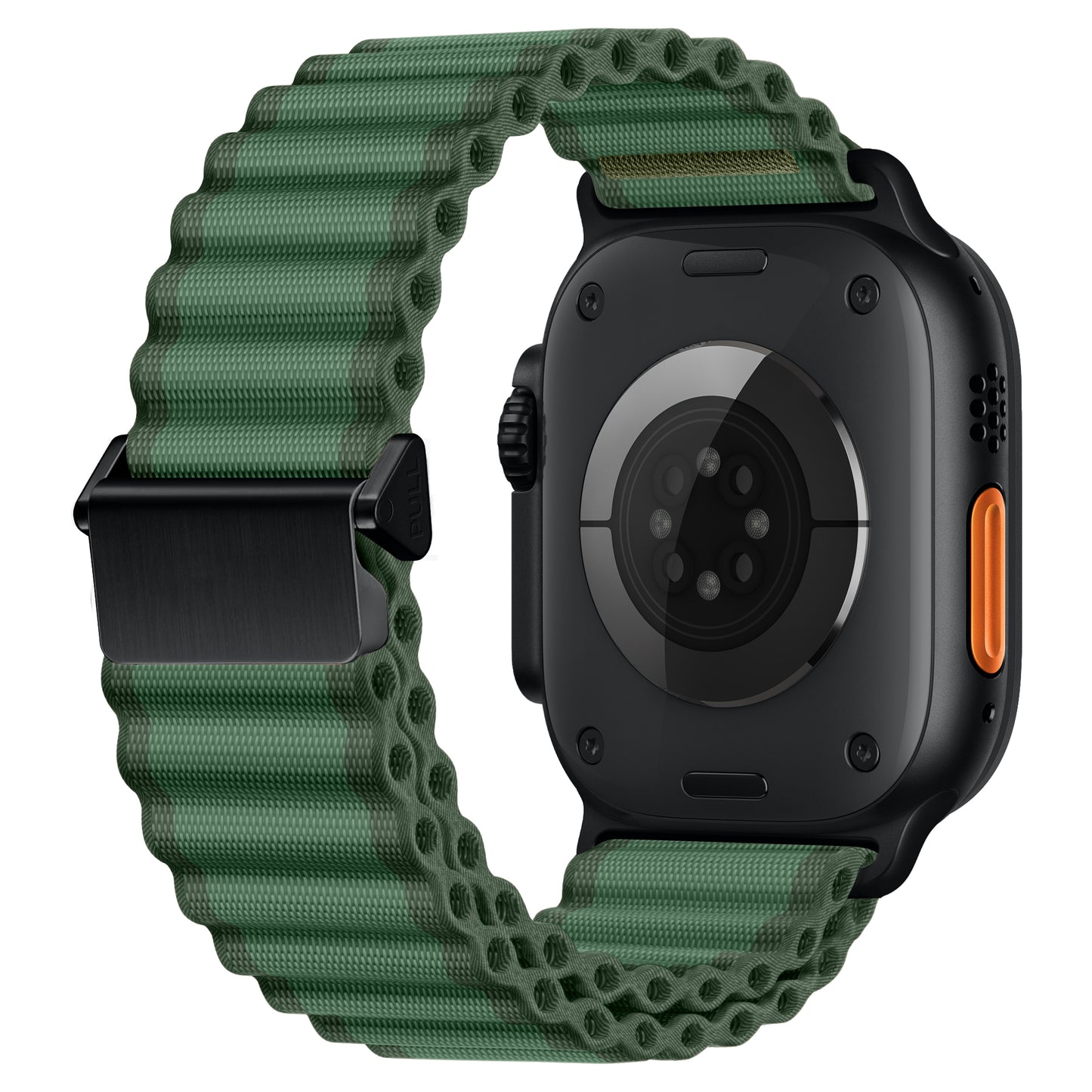 Eine Nahaufnahme des Arktisband Apple Watch Nylonarmbands „Venture“ in Schwarz mit runder Sensoranordnung, grünem strukturiertem Band im Wellenlook mit schwarzem Metallverschluss und orangefarbenem Seitenknopf – ideal für Outdoor-Fans.