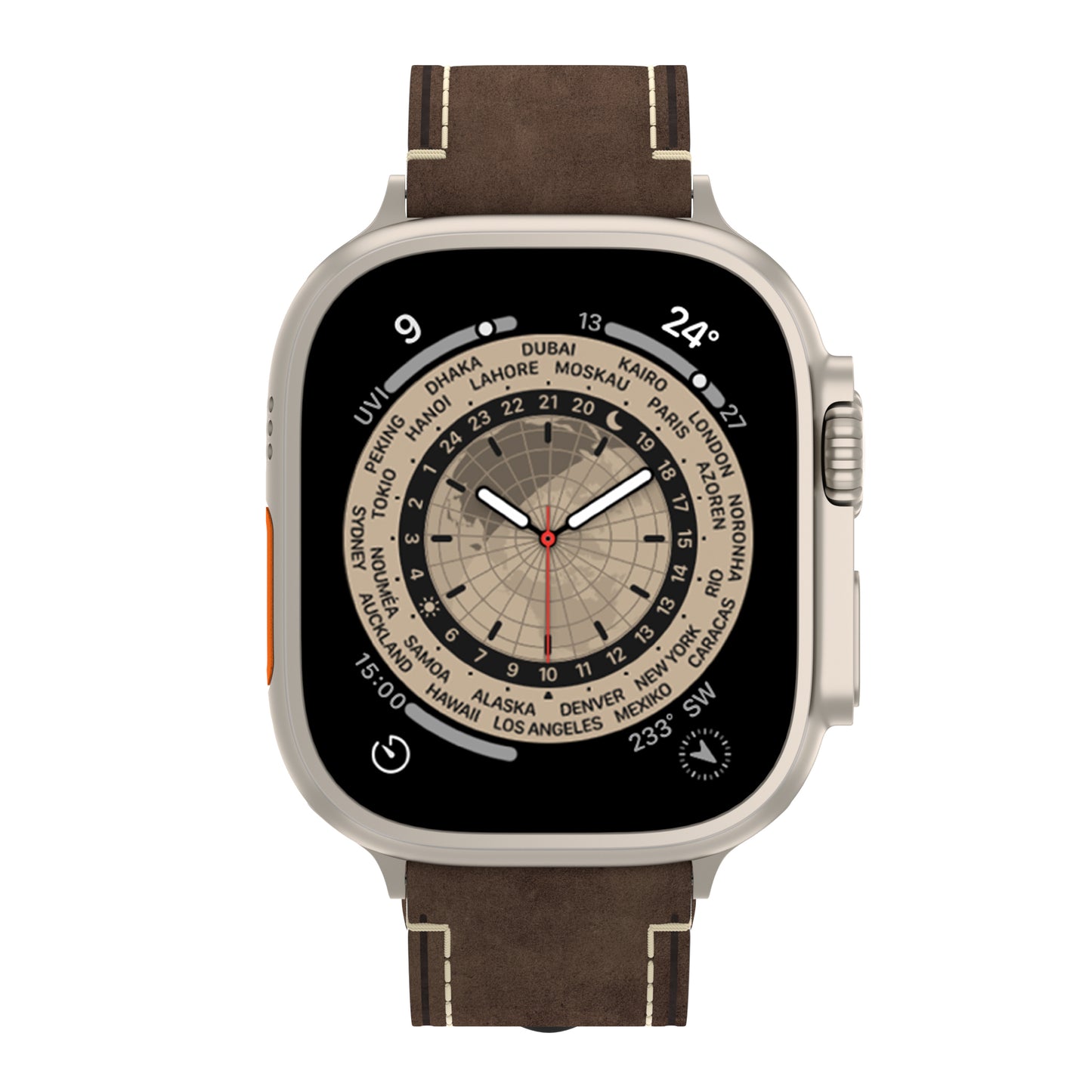 Das arktisband Apple Watch Ultra PALERMO GRANDE Lederarmband zeigt ein Weltzeit-Zifferblatt mit Städten weltweit, der aktuellen Ortszeit um 22:35 Uhr und einer Temperatur von 24 °C in der oberen rechten Ecke.