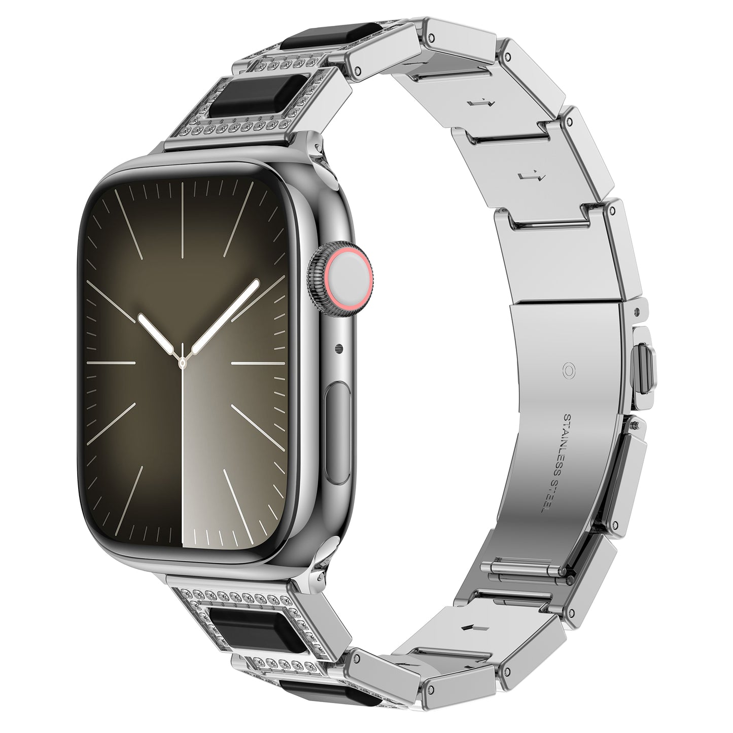 Das arktisband Apple Watch Gliederarmband „Senorita“ verfügt über ein silbernes Edelstahlband mit dekorativen rechteckigen Akzenten, ein rechteckiges Smartwatch-Zifferblatt, ein minimalistisches schwarzes Zifferblatt und einen sichtbaren Seitenknopf.