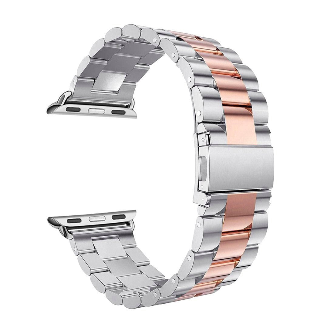 Das Arktisband Apple Watch Gliederarmband „Arctica“ verfügt über silberne Außenglieder aus Edelstahl, Mittelglieder aus Roségold, eine Faltschließe und Anschlussösen an beiden Enden – perfekt, um den Stil Ihrer Apple Watch aufzuwerten.