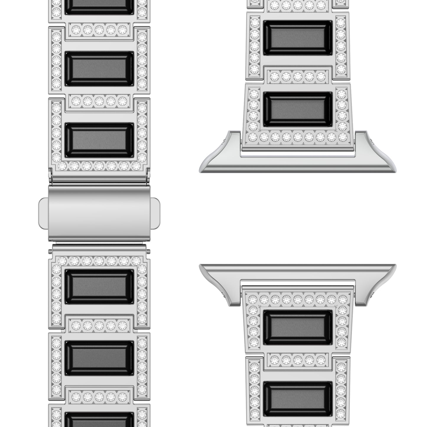 Nahaufnahme des Arktisband Apple Watch Gliederarmband „Senorita“ mit rechteckigen schwarzen Kunstharz-Mittelstücken und Reihen von Strasssteinen, aus verschiedenen Blickwinkeln und teilweise zugeschnitten auf weißem Hintergrund.