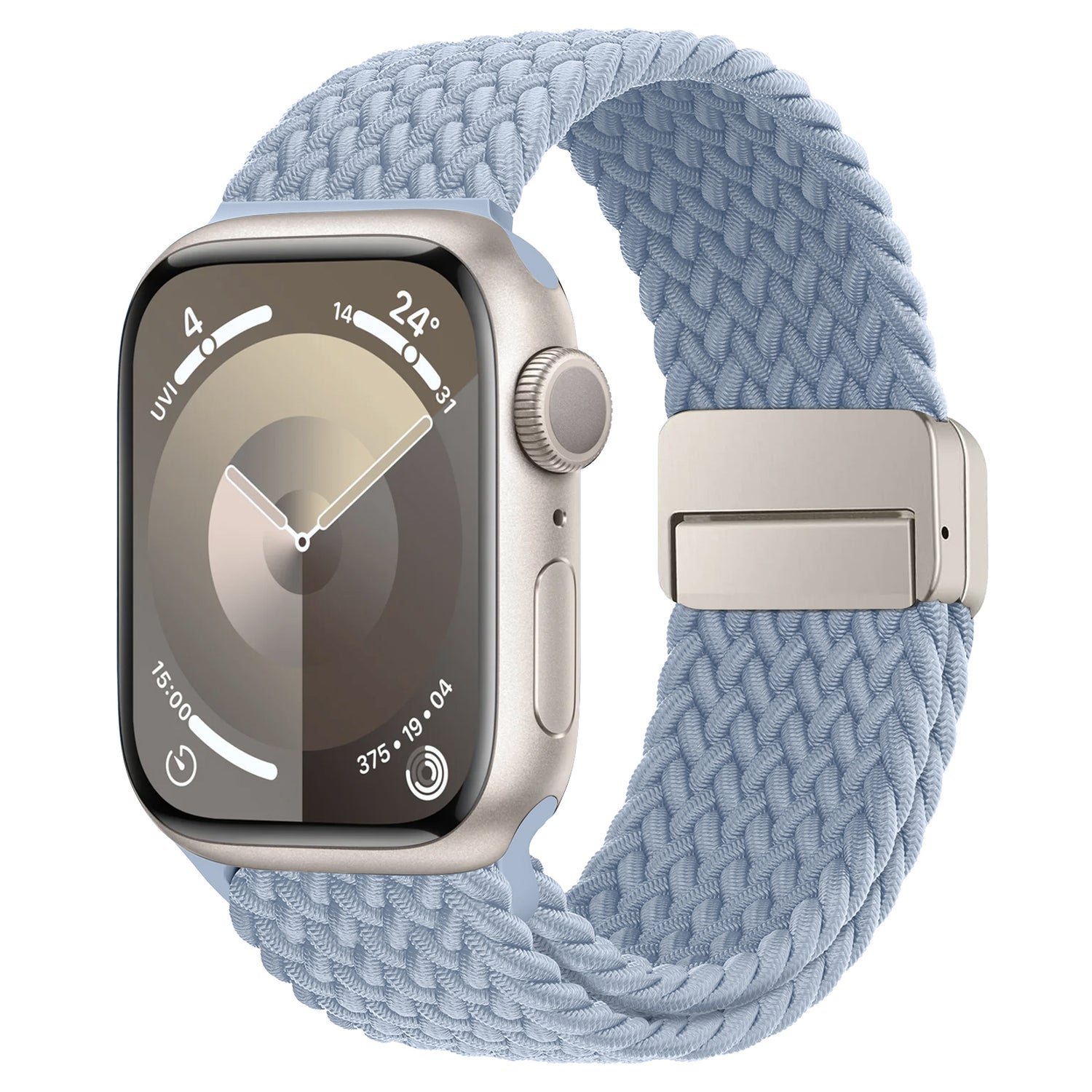 Das arktisband Geflochtene Apple Watch Armband „Casual“ mit Magnetverschluss in Hellblau wird mit einer Apple Watch mit abgerundetem rechteckigen Display zur Anzeige der Uhrzeit gezeigt.