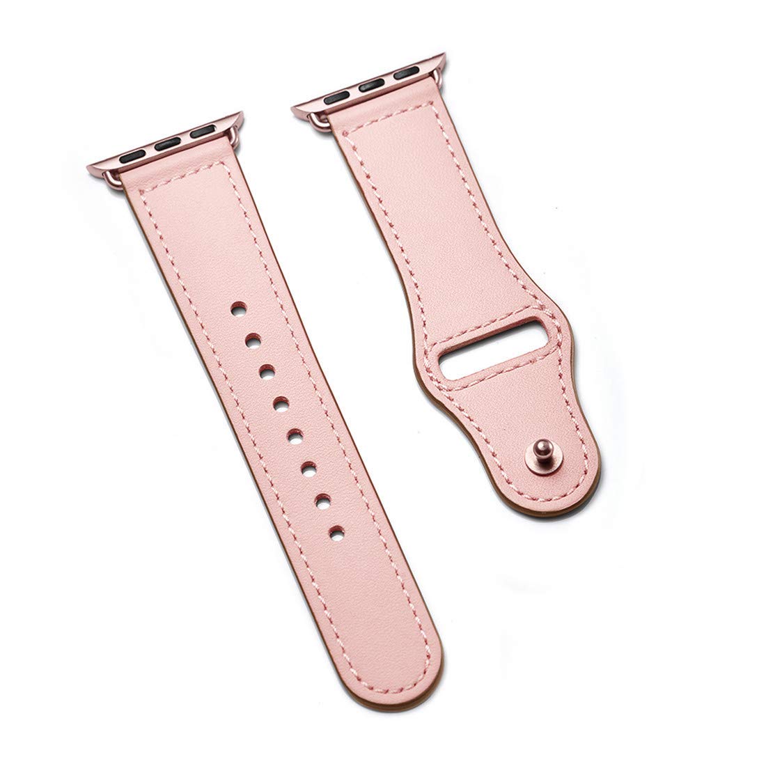 Das arktisband Apple Watch Lederarmband „Novus“ in Hellrosa besteht aus zwei Teilen mit Metallverbindungen und genähten Kanten und bietet maximalen Tragekomfort und einen minimalistischen Look auf weißem Hintergrund.